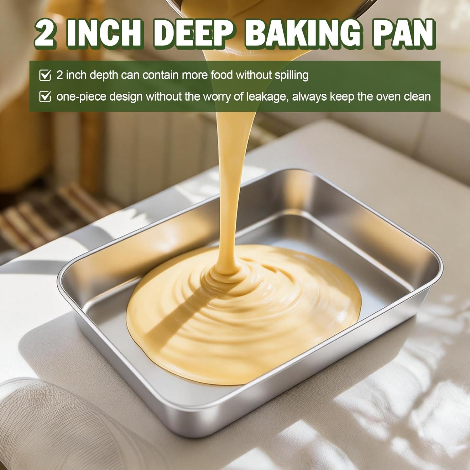 image:imageTeamFar 98x125 Baking Pan Stainless Steel Rectangular Cake Brownie Lasagna Pan for Cooking Healthy amp Sturdy Onepiece amp Even Heat Oven amp Dishwasher Safe Set of 2105 Inch