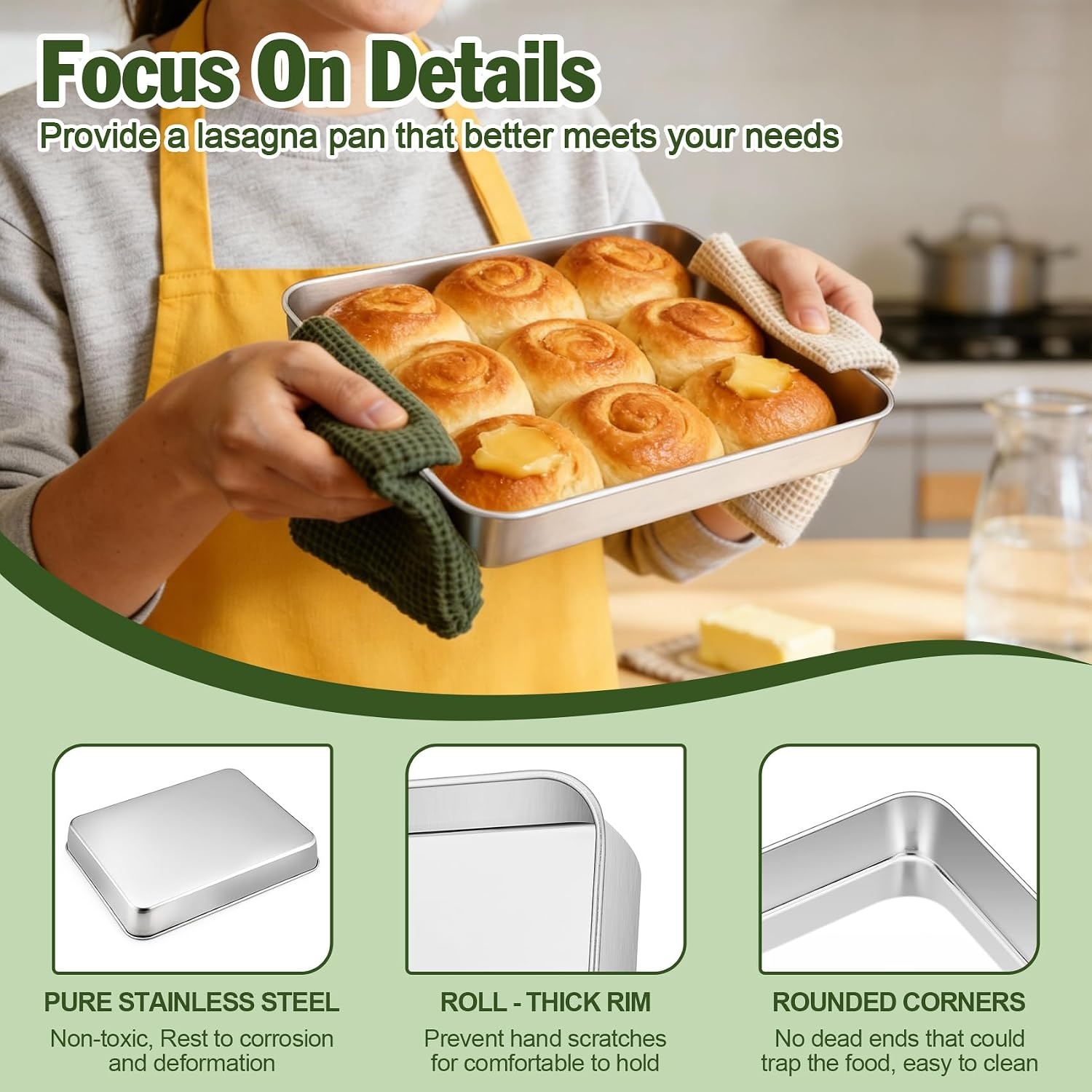 image:imageTeamFar 98x125 Baking Pan Stainless Steel Rectangular Cake Brownie Lasagna Pan for Cooking Healthy amp Sturdy Onepiece amp Even Heat Oven amp Dishwasher Safe Set of 2105 Inch