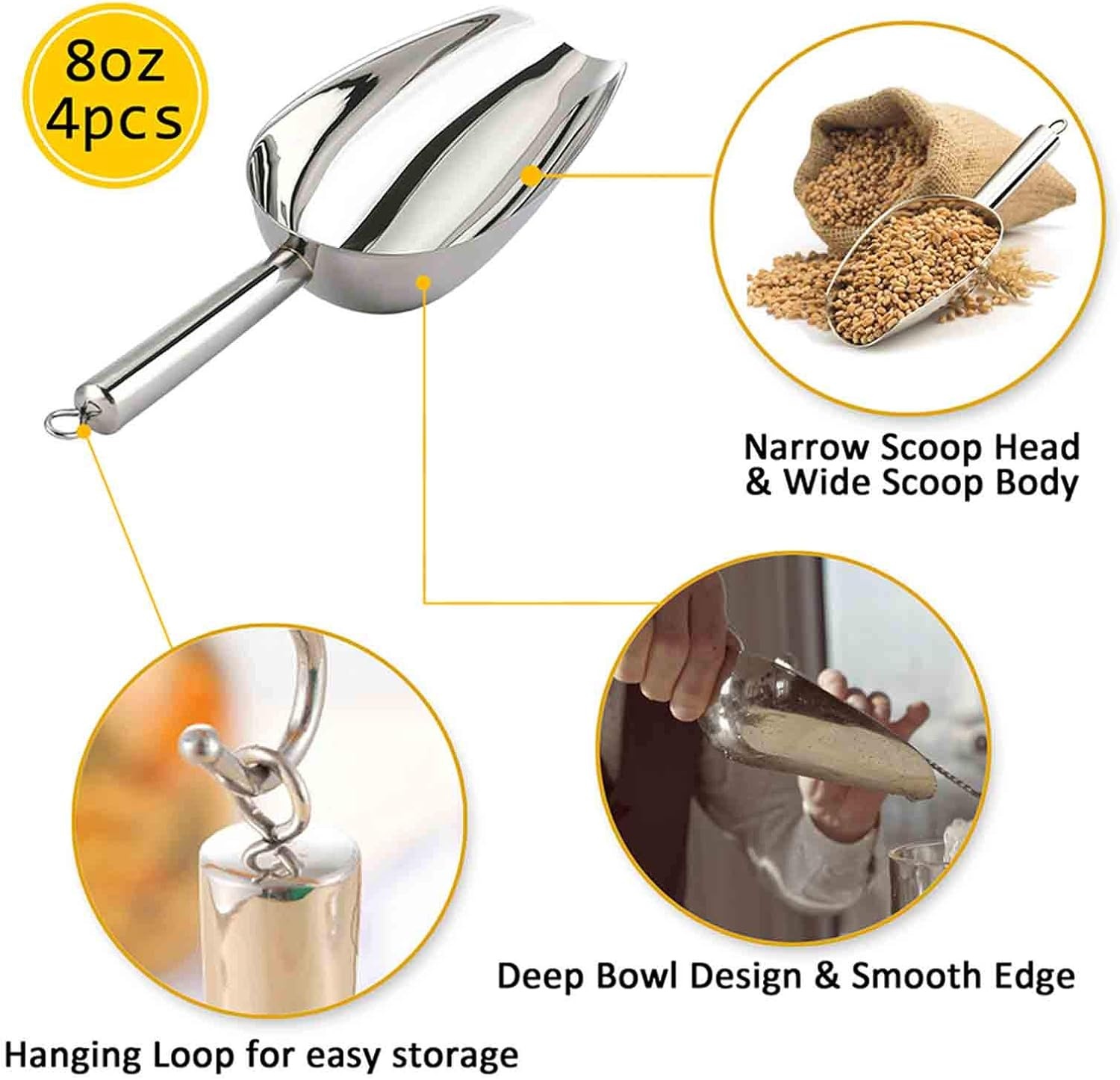 image:imageTeamFar Ice Scoop 5oz Stainless Steel Metal Food Scoop Scooper for Kitchen Bar Party Wedding Heavy Duty amp Healthy Easy Storage amp Multipurpose Mirror finish amp Smooth Edge Dishwasher Safe 4 PCSSilver