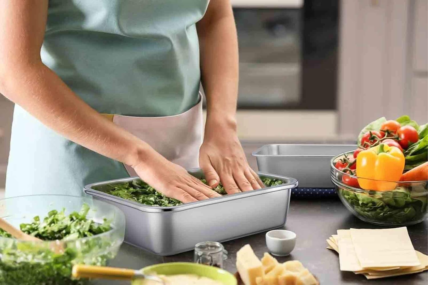 image:imageTeamFar Lasagna Pan Rectangular Cake Pan Brownie Bake Dish Stainless Steel 12751032 Heavy Duty amp Healthy Deep Side amp Brushed Surface Easy Clean amp Dishwasher safe1275 x 10 x 32