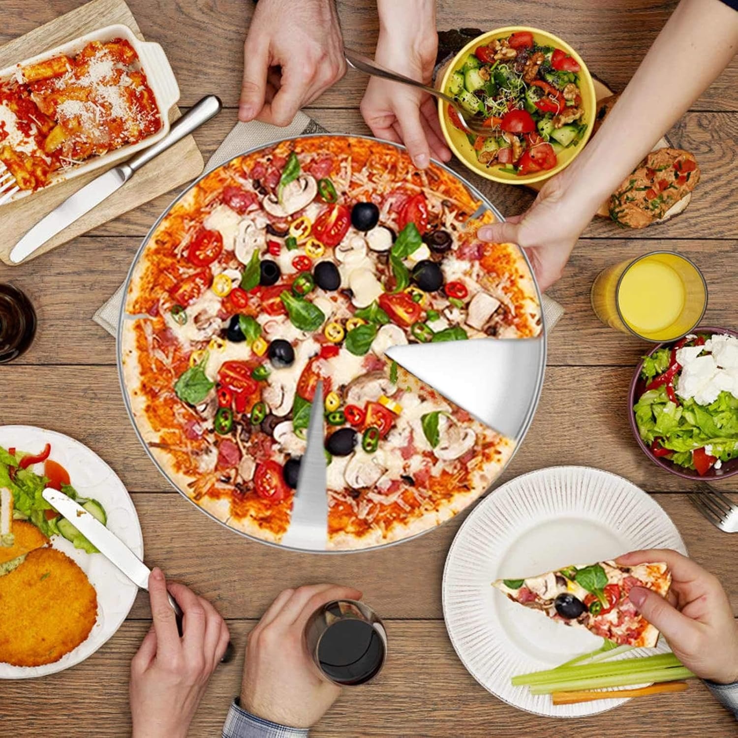 image:imageTeamFar Pizza Pan 9 Inch 10 Inch 12 Inch Stainless Steel Pizza Pans Set 3 Sizes Round Pizza Oven Baking Serving Plate Tray for Pizza Pie Cookie NonToxic amp Heavy Duty Dishwasher SafeSilver
