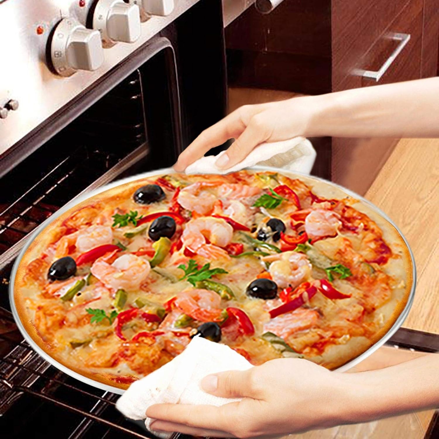 image:imageTeamFar Pizza Pan 9 Inch 10 Inch 12 Inch Stainless Steel Pizza Pans Set 3 Sizes Round Pizza Oven Baking Serving Plate Tray for Pizza Pie Cookie NonToxic amp Heavy Duty Dishwasher SafeSilver