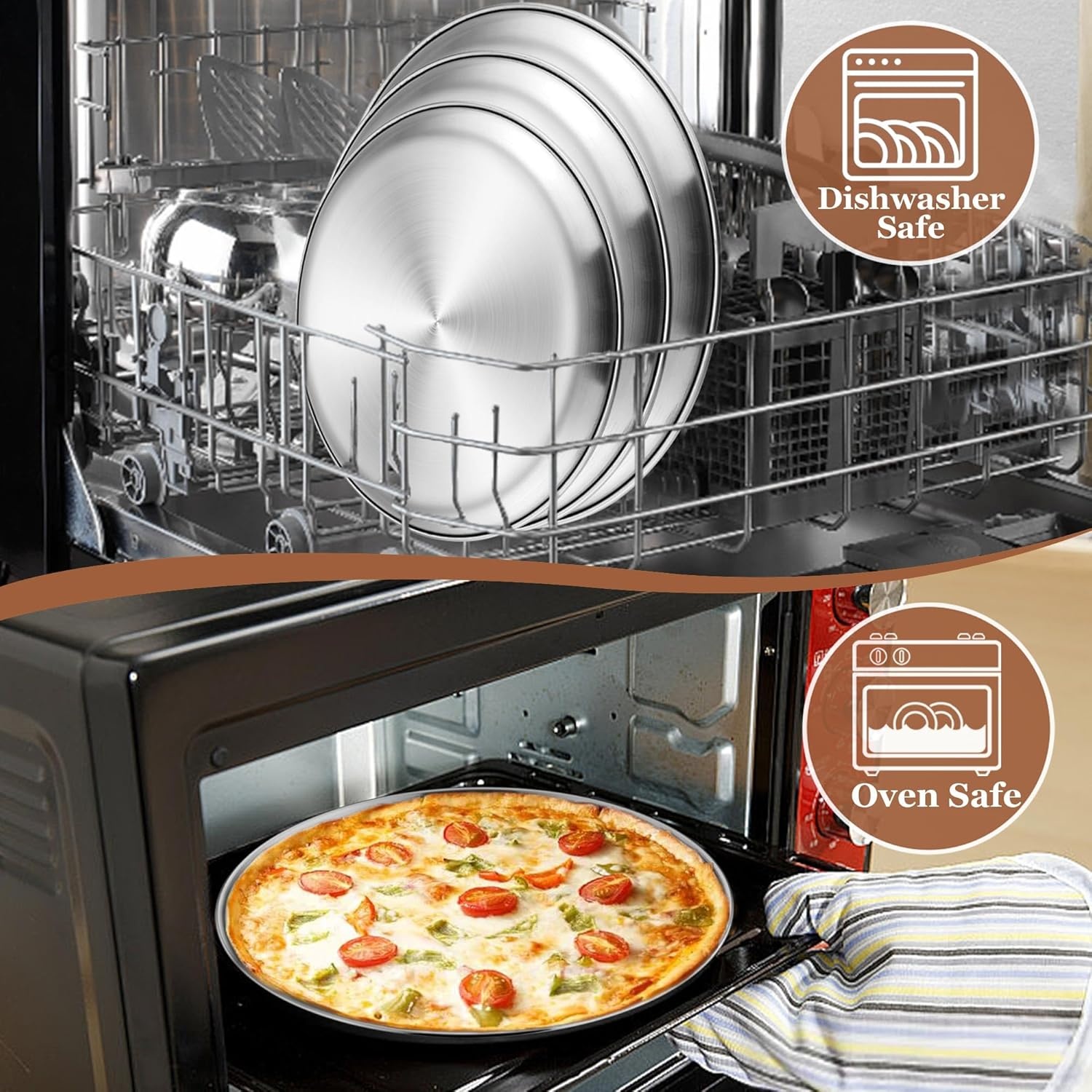image:imageTeamFar Pizza Pan 9 Inch 10 Inch 12 Inch Stainless Steel Pizza Pans Set 3 Sizes Round Pizza Oven Baking Serving Plate Tray for Pizza Pie Cookie NonToxic amp Heavy Duty Dishwasher SafeSilver