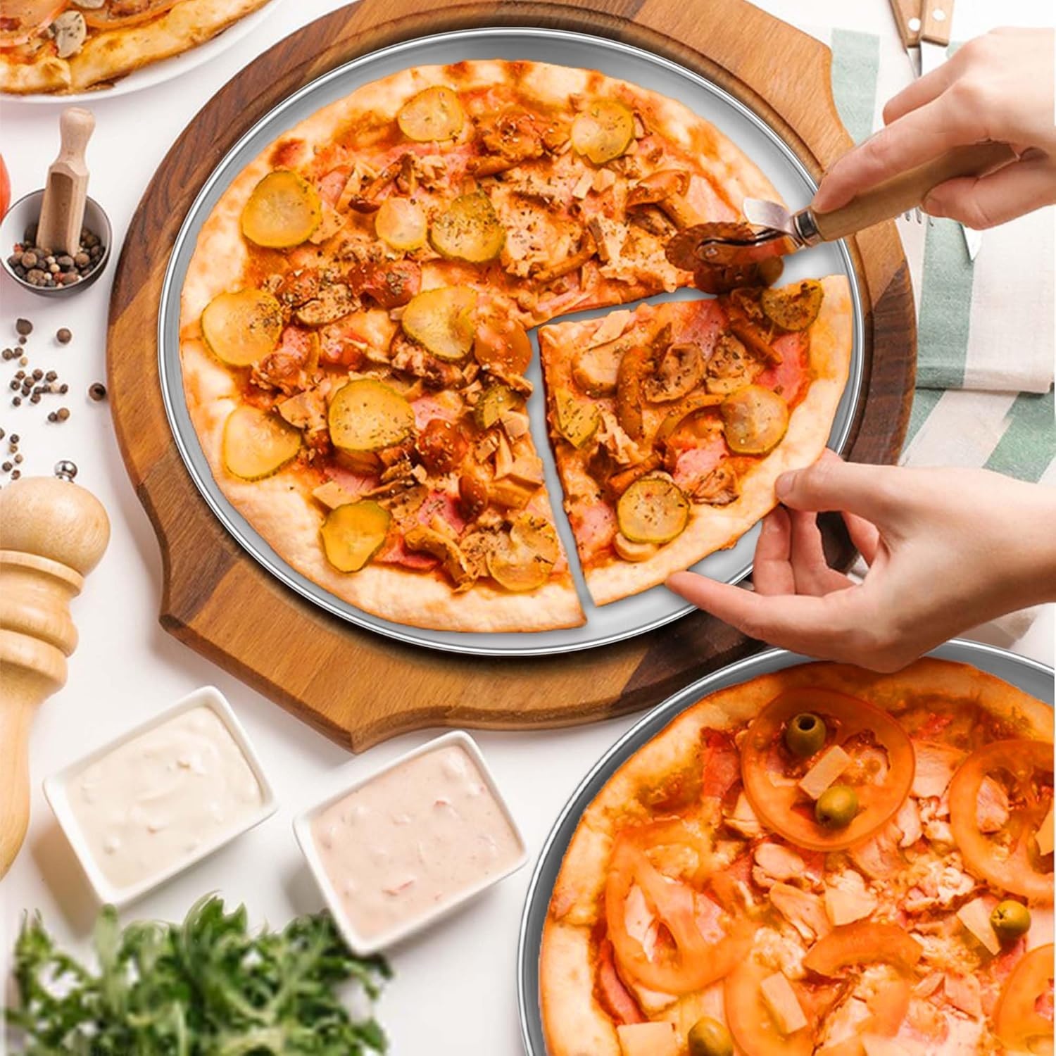 image:imageTeamFar Pizza Pan 9 Inch 10 Inch 12 Inch Stainless Steel Pizza Pans Set 3 Sizes Round Pizza Oven Baking Serving Plate Tray for Pizza Pie Cookie NonToxic amp Heavy Duty Dishwasher SafeSilver