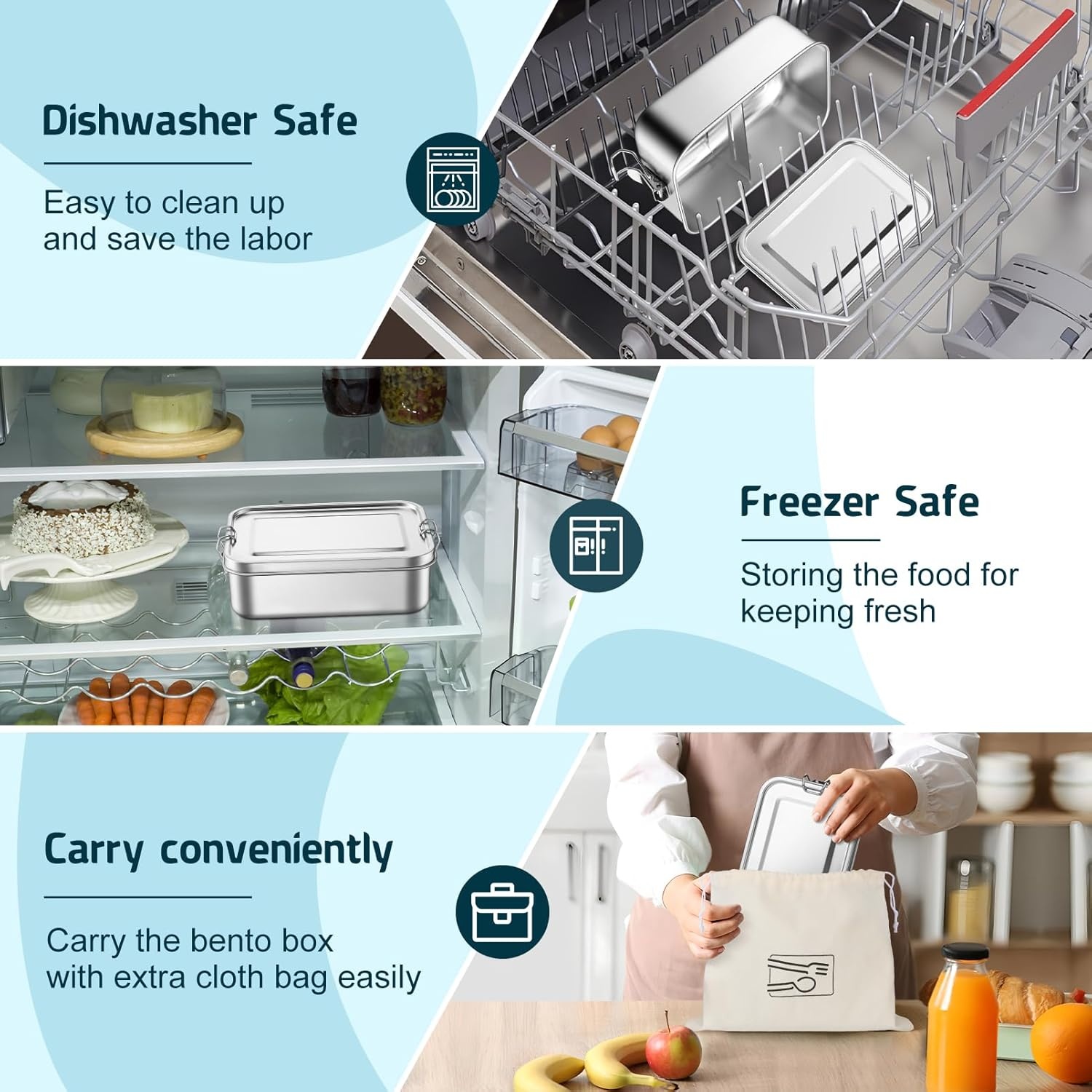 image:imageTeamFar Stainless Steel Bento Box 47oz1400ML Large Metal Bento Lunch Box Container for AdultsKids for HomeSchoolOfficeTravel With 2 Removable Dividers LeakProof amp Dishwasher Safe1400ML