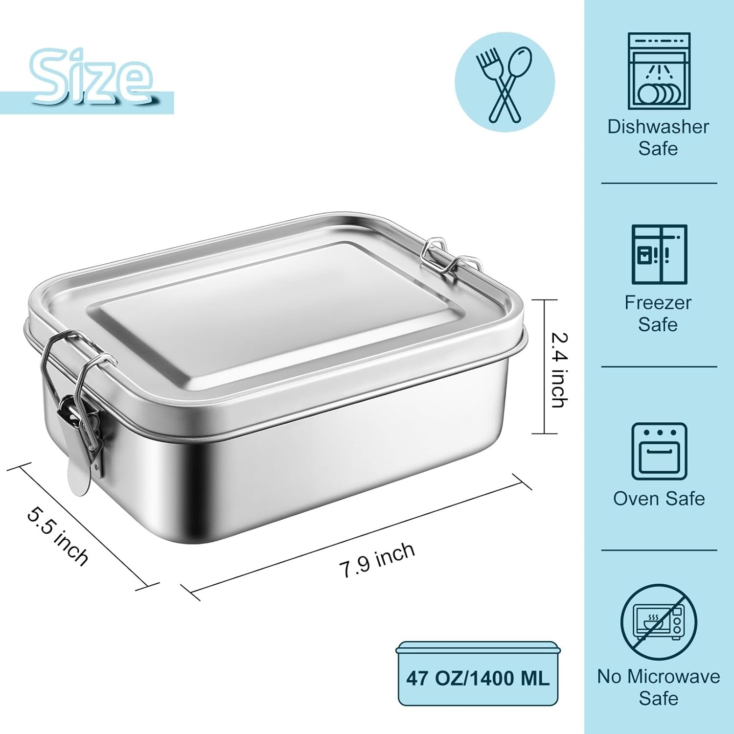 image:imageTeamFar Stainless Steel Bento Box 47oz1400ML Large Metal Bento Lunch Box Container for AdultsKids for HomeSchoolOfficeTravel With 2 Removable Dividers LeakProof amp Dishwasher Safe1400ML
