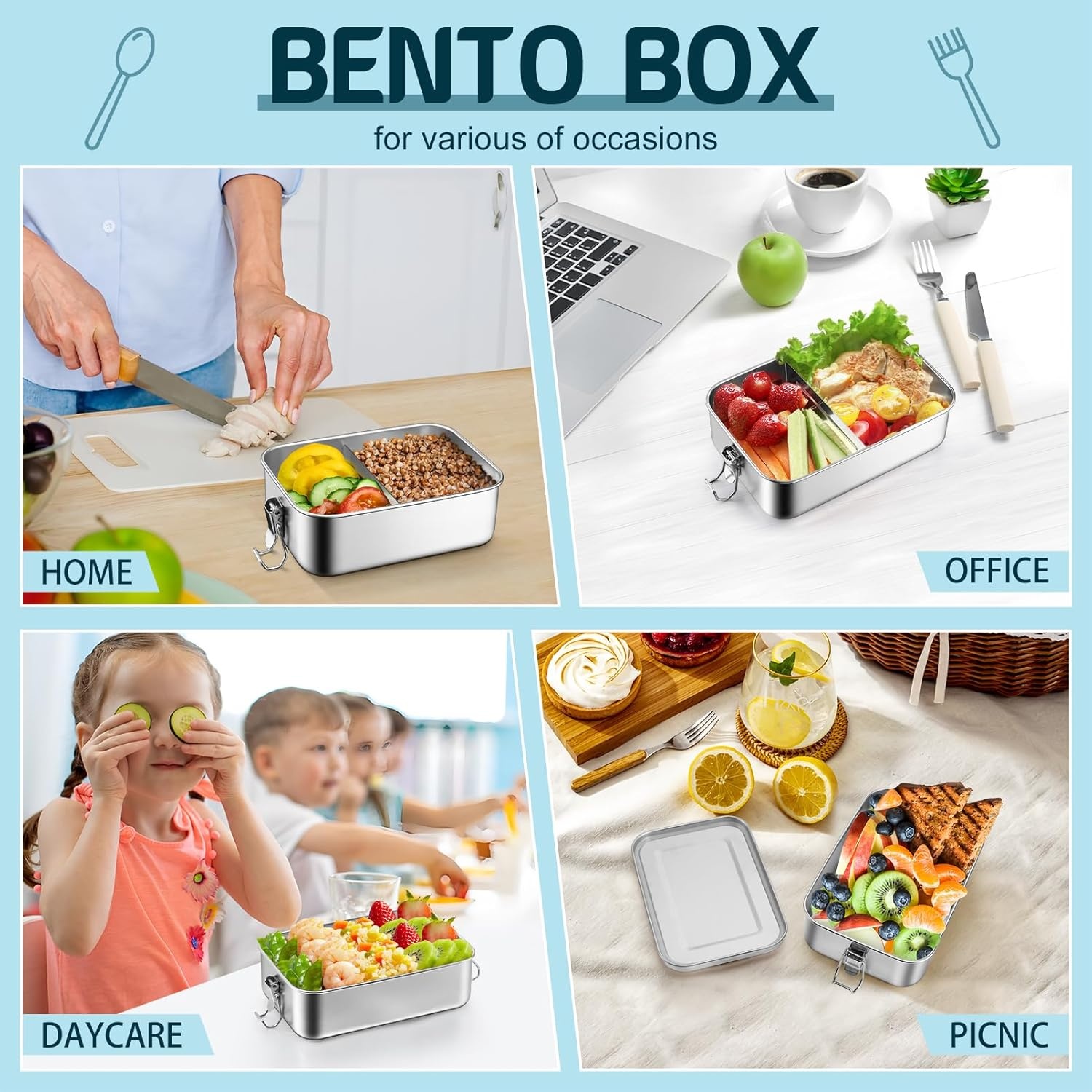image:imageTeamFar Stainless Steel Bento Box 47oz1400ML Large Metal Bento Lunch Box Container for AdultsKids for HomeSchoolOfficeTravel With 2 Removable Dividers LeakProof amp Dishwasher Safe1400ML