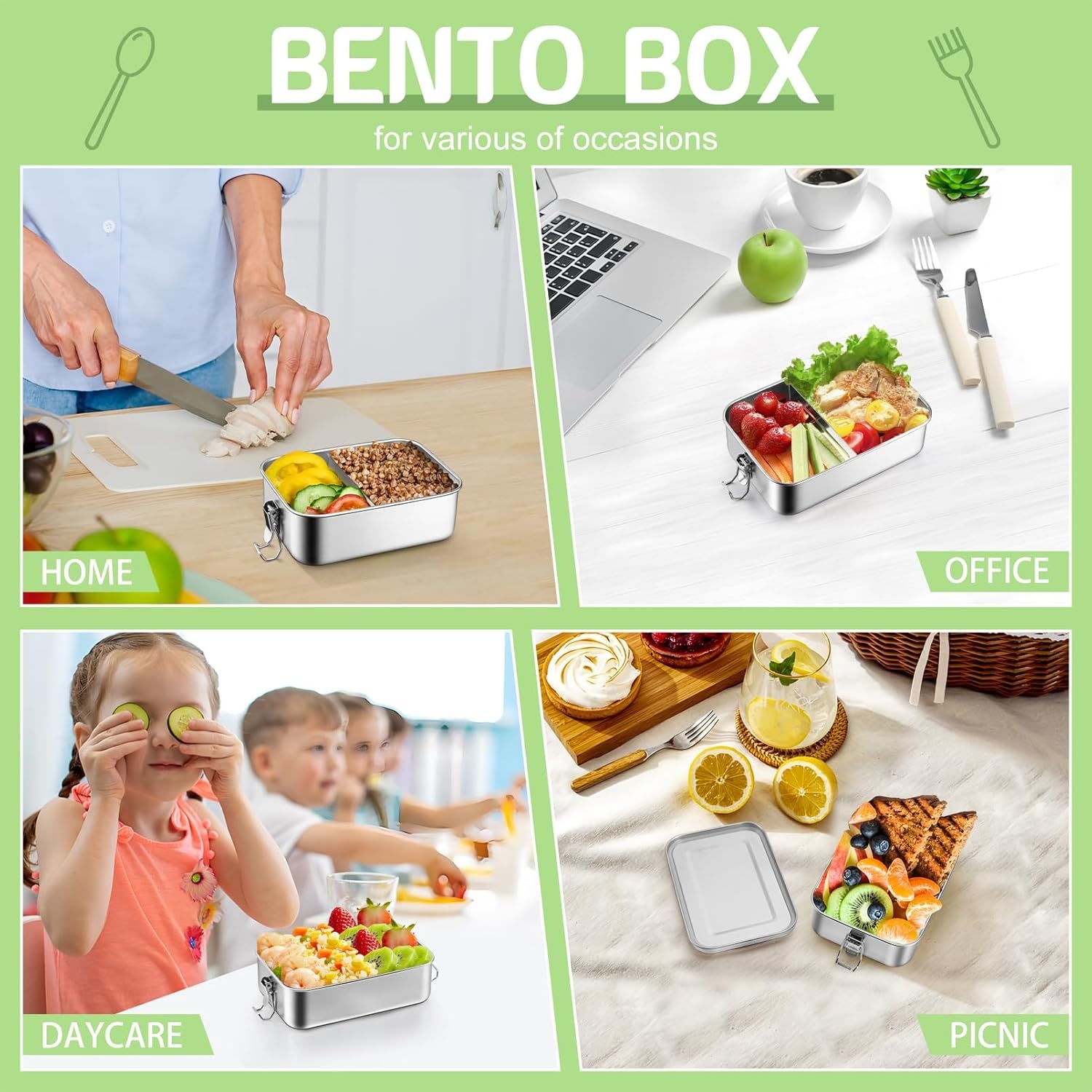 image:imageTeamFar Stainless Steel Bento Box 47oz1400ML Large Metal Bento Lunch Box Container for AdultsKids for HomeSchoolOfficeTravel With 2 Removable Dividers LeakProof amp Dishwasher Safe850ML