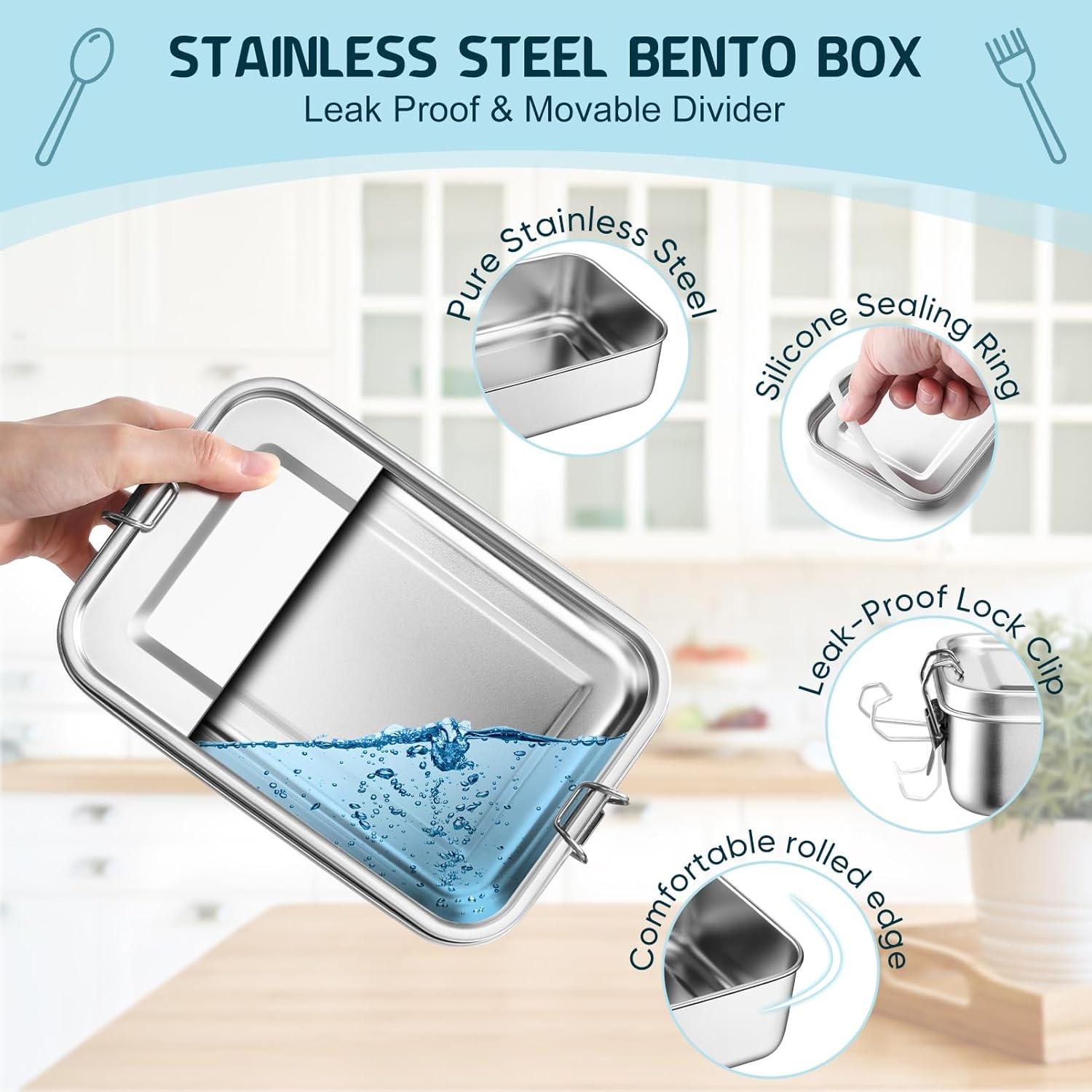 image:imageTeamFar Stainless Steel Bento Box 47oz1400ML Large Metal Bento Lunch Box Container for AdultsKids for HomeSchoolOfficeTravel With 2 Removable Dividers LeakProof amp Dishwasher Safe1400ML