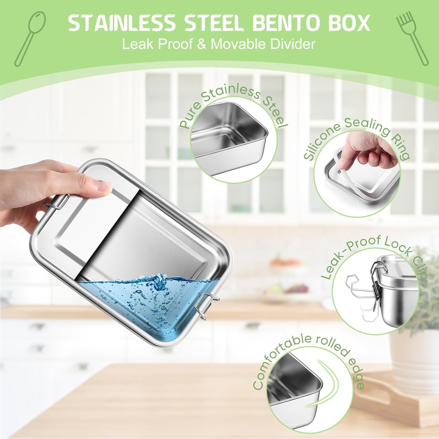 image:imageTeamFar Stainless Steel Bento Box 47oz1400ML Large Metal Bento Lunch Box Container for AdultsKids for HomeSchoolOfficeTravel With 2 Removable Dividers LeakProof amp Dishwasher Safe850ML