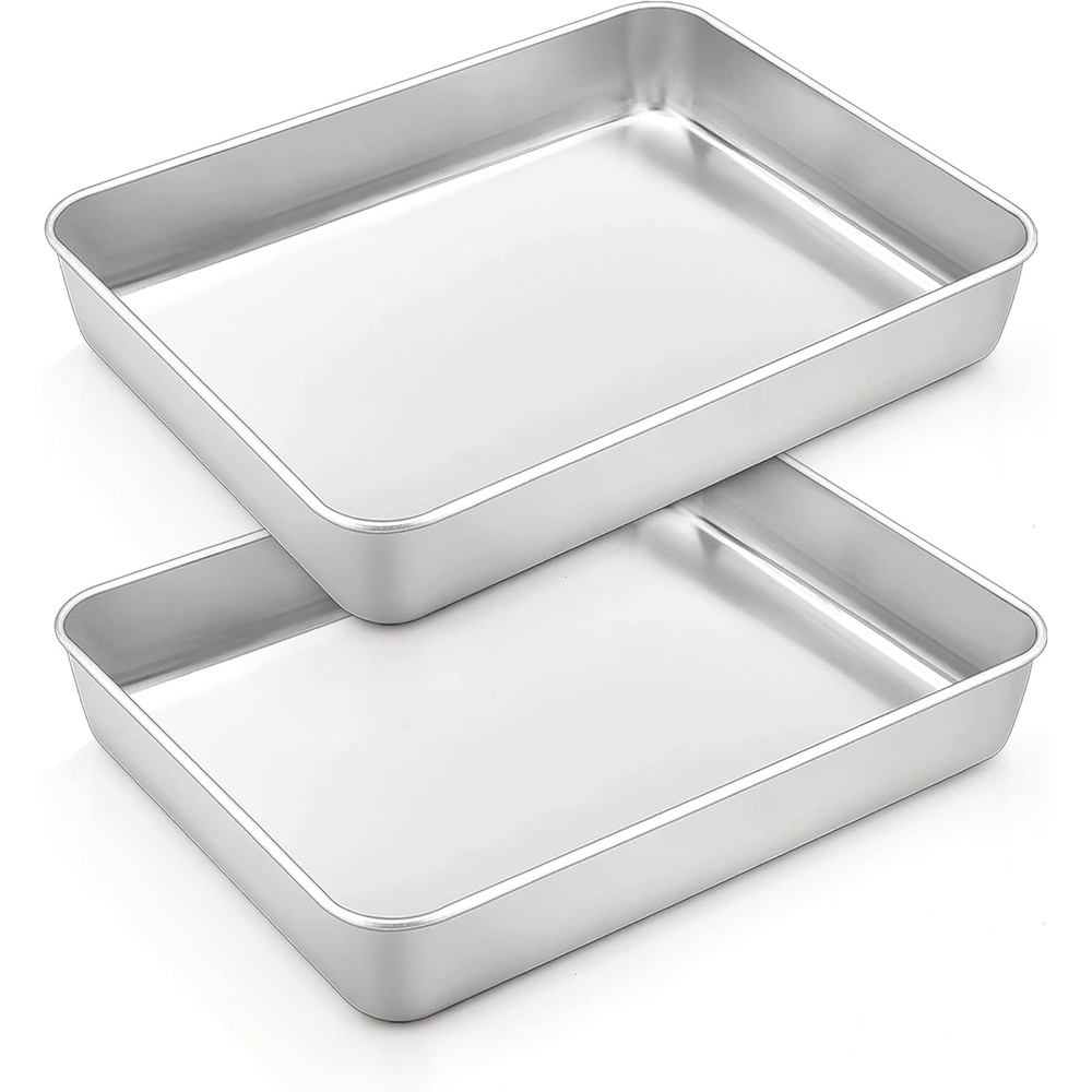 image:imageTeamFar 98x125 Baking Pan Stainless Steel Rectangular Cake Brownie Lasagna Pan for Cooking Healthy amp Sturdy Onepiece amp Even Heat Oven amp Dishwasher Safe Set of 2105 Inch