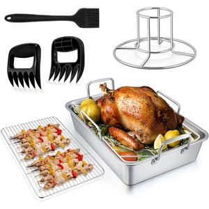 image:imageTeamFar Roasting Pan 14 In Stainless Steel Turkey Roaster Pan with Cooling Rack amp V Rack Beer Can Chicken HolderMeat ClawsBrush Healthy amp Dishwasher Safe Set of 7Small