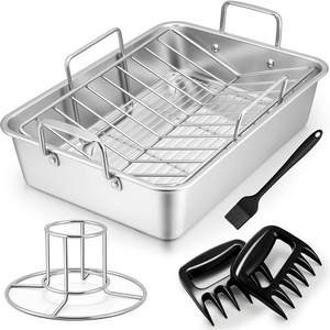 image:imageTeamFar Roasting Pan 14 In Stainless Steel Turkey Roaster Pan with Cooling Rack amp V Rack Beer Can Chicken HolderMeat ClawsBrush Healthy amp Dishwasher Safe Set of 7Large