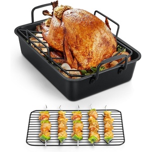 image:imageTeamFar Stainless Steel Roasting Pan 16 Inch Large Turkey Roaster Lasagna Pan with V Rack amp Cooling Rack Set for Roasting Baking Healthy amp Heavy Duty Deep Side amp Dishwasher Safe  3 PCSBlack