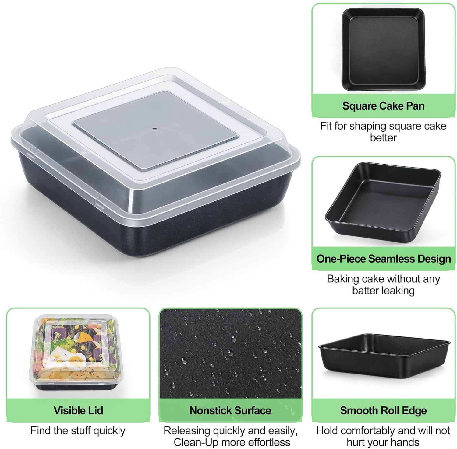 image:imageTeamFar 9x9 Inch Square Cake Pan with Lid NonStick Square Baking Roasting Pan with Stainless Steel Core for Cooking Brownie Lasagna NonToxic amp HeavyDuty Release amp Clean Easily 1 Pan1 Lid