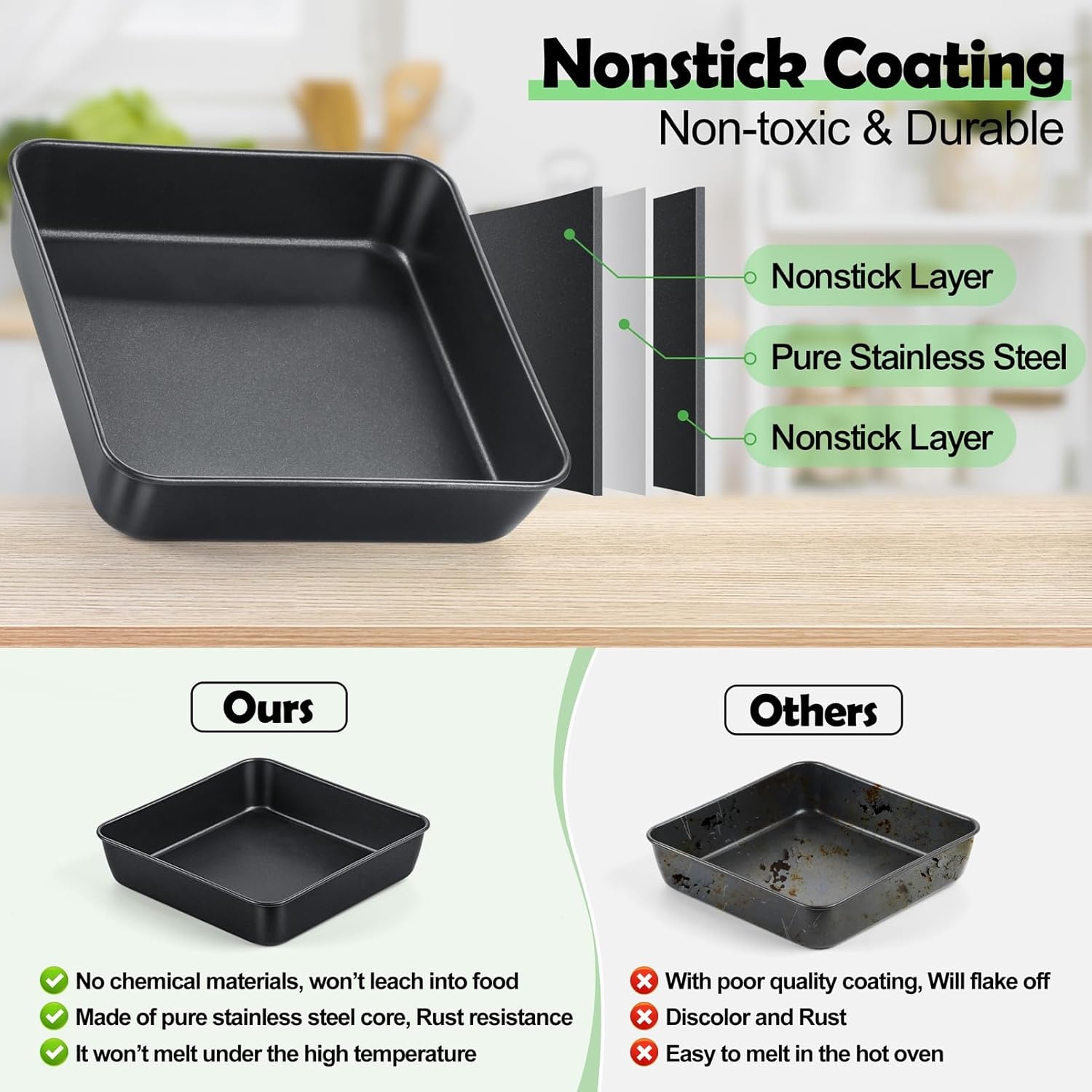 image:imageTeamFar 9x9 Inch Square Cake Pan with Lid NonStick Square Baking Roasting Pan with Stainless Steel Core for Cooking Brownie Lasagna NonToxic amp HeavyDuty Release amp Clean Easily 1 Pan1 Lid