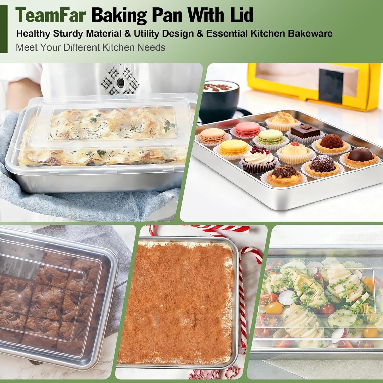 image:imageTeamFar Baking Pan with Lid 93x 7 Stainless Steel Rectangular Cake Lasagna Pan with Cover for Cake Brownie Casseroles Healthy amp Sturdy Oven amp Dishwasher Safe 1 Pan 1 Lid4
