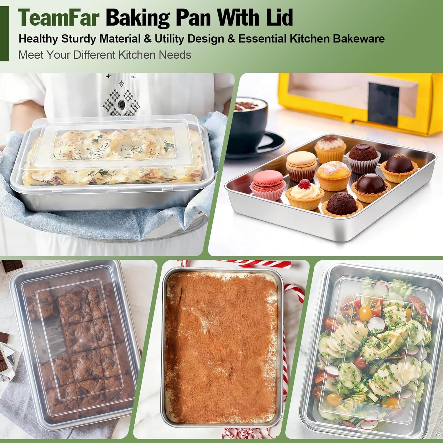 image:imageTeamFar Baking Pan with Lid 93x 7 Stainless Steel Rectangular Cake Lasagna Pan with Cover for Cake Brownie Casseroles Healthy amp Sturdy Oven amp Dishwasher Safe 1 Pan 1 Lid4