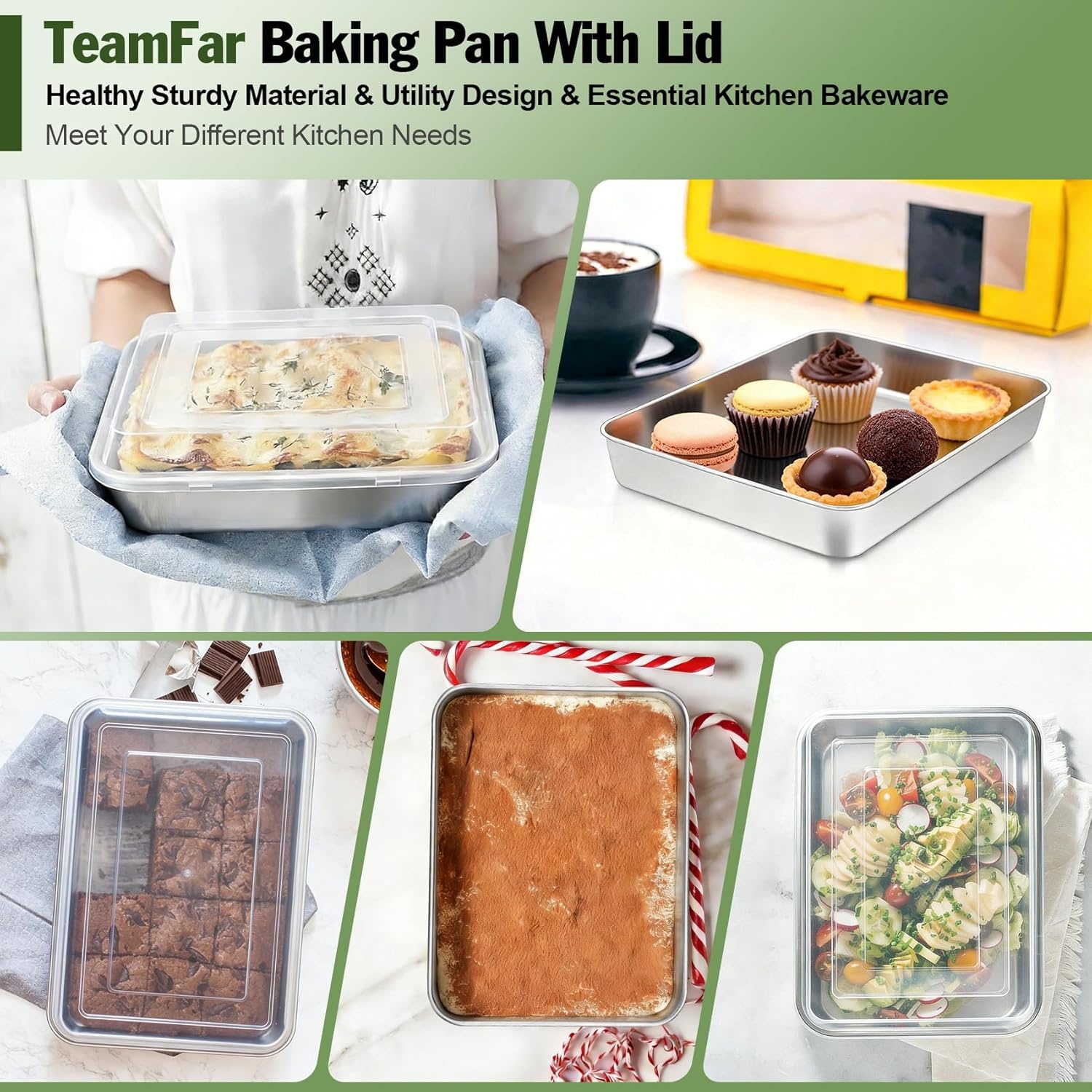 image:imageTeamFar Baking Pan with Lid 93x 7 Stainless Steel Rectangular Cake Lasagna Pan with Cover for Cake Brownie Casseroles Healthy amp Sturdy Oven amp Dishwasher Safe 1 Pan 1 Lid4