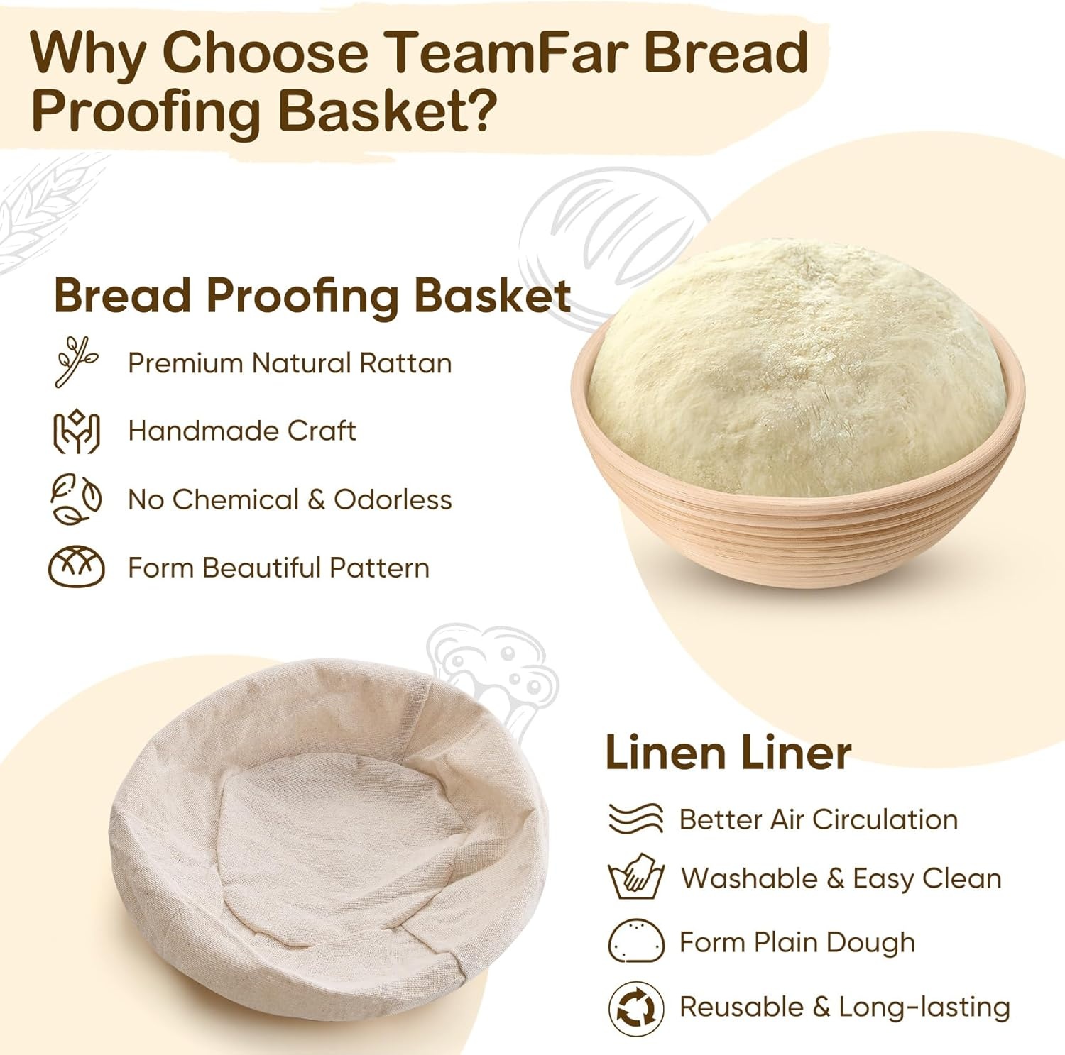 image:imageTeamFar Bread Proofing Basket Set of 2 Sourdough Bread Baking Supplies 10 Inch Oval Proofing Baskets for Sourdough Bread Baking Proofing Bowls with Liner for Dough FermentationRound