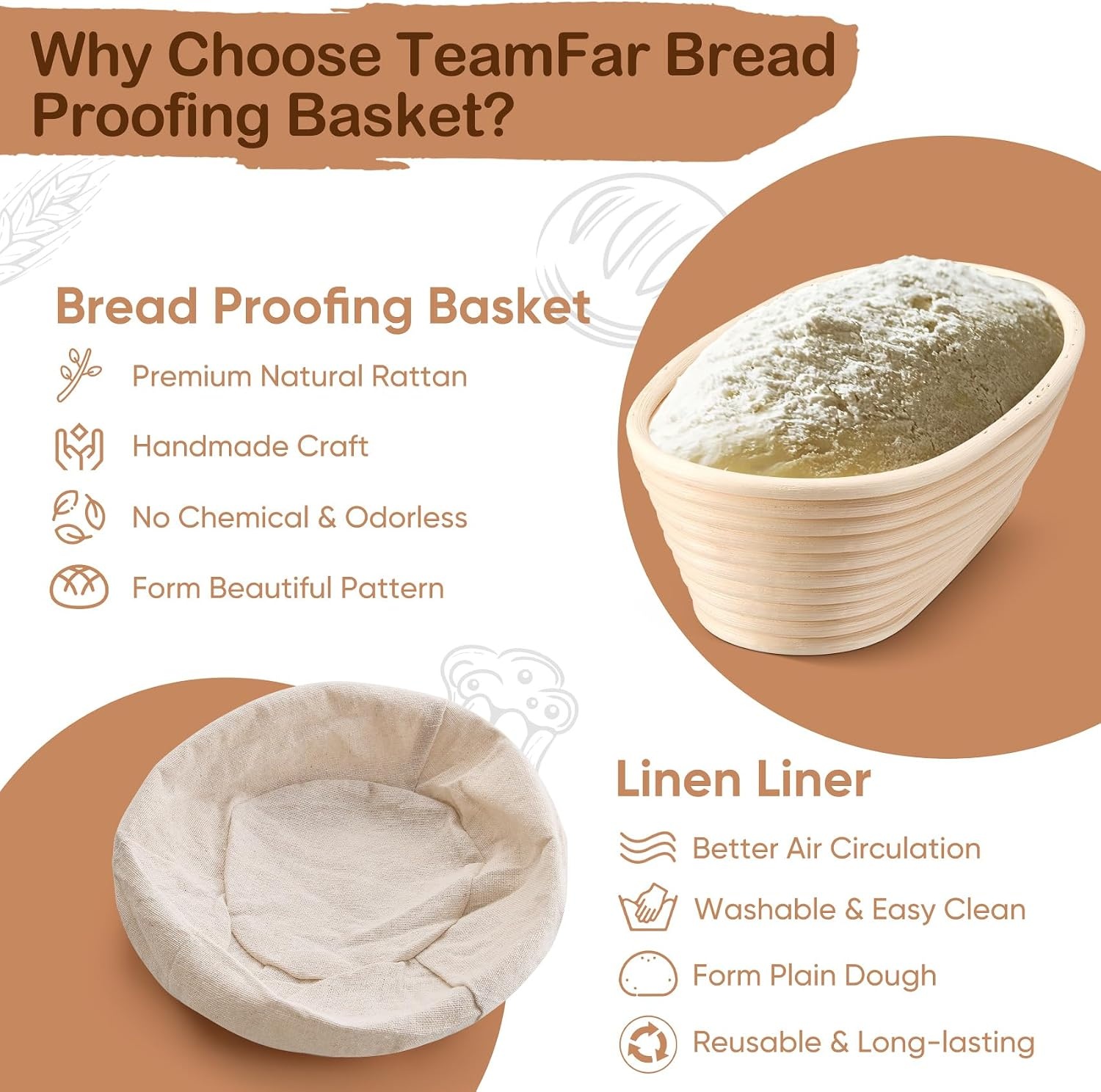image:imageTeamFar Bread Proofing Basket Set of 2 Sourdough Bread Baking Supplies 10 Inch Oval Proofing Baskets for Sourdough Bread Baking Proofing Bowls with Liner for Dough FermentationOval