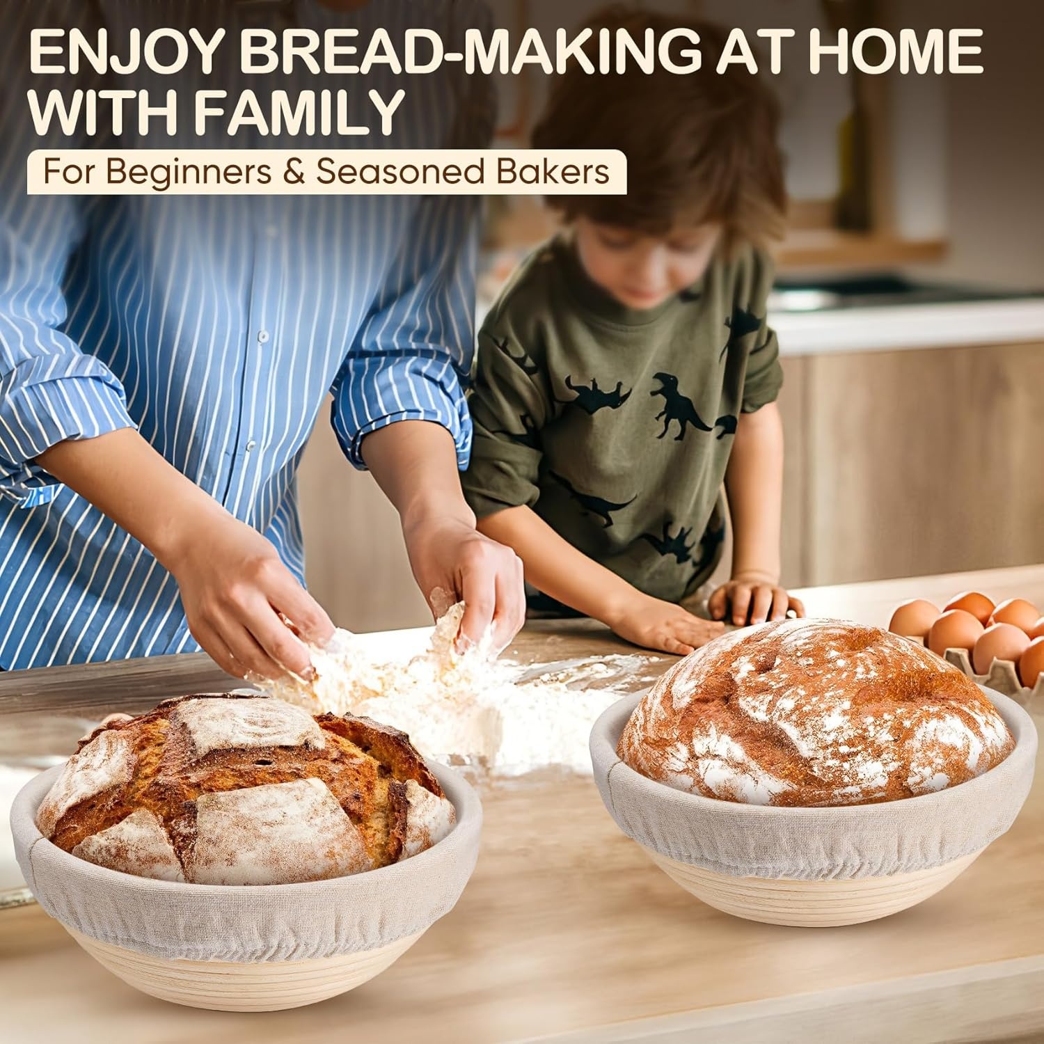 image:imageTeamFar Bread Proofing Basket Set of 2 Sourdough Bread Baking Supplies 10 Inch Oval Proofing Baskets for Sourdough Bread Baking Proofing Bowls with Liner for Dough FermentationRound