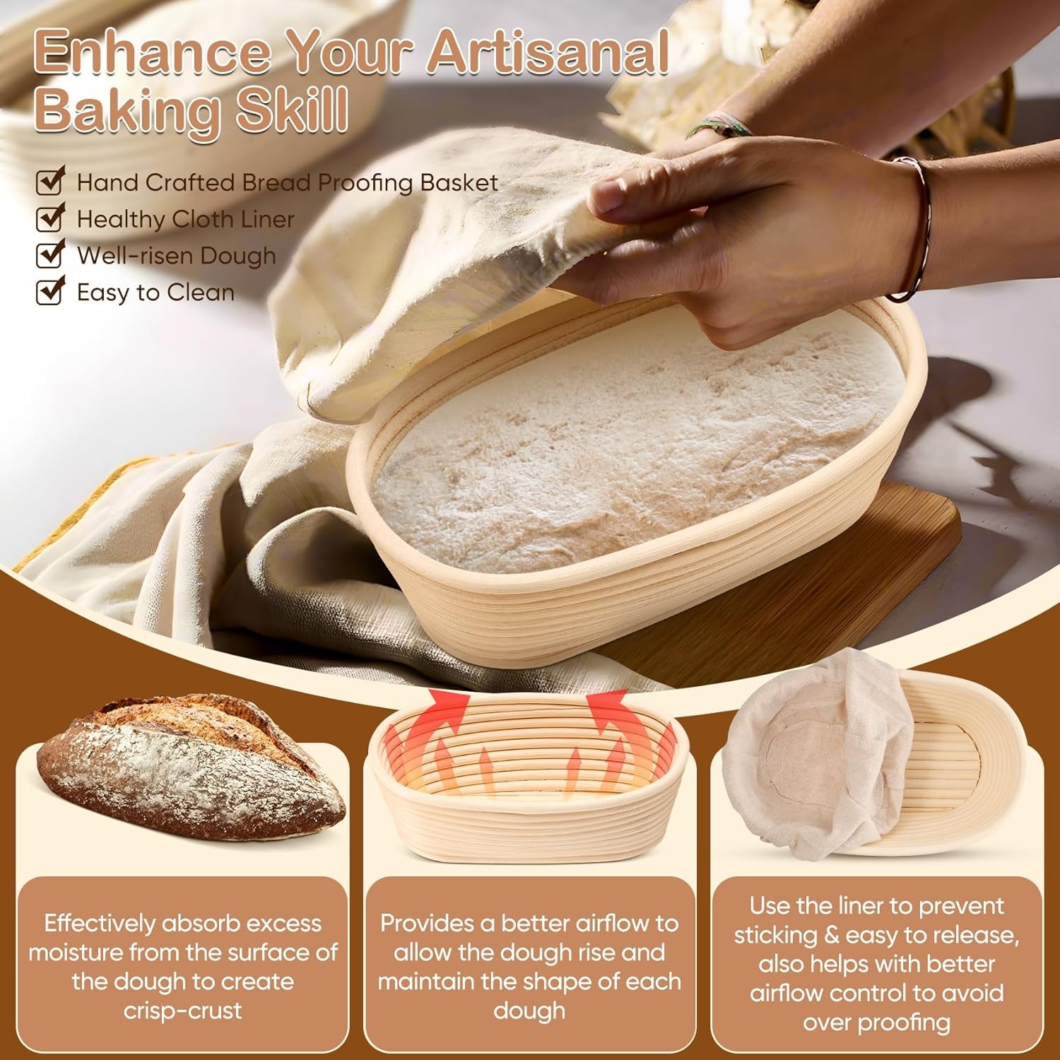 image:imageTeamFar Bread Proofing Basket Set of 2 Sourdough Bread Baking Supplies 10 Inch Oval Proofing Baskets for Sourdough Bread Baking Proofing Bowls with Liner for Dough FermentationOval