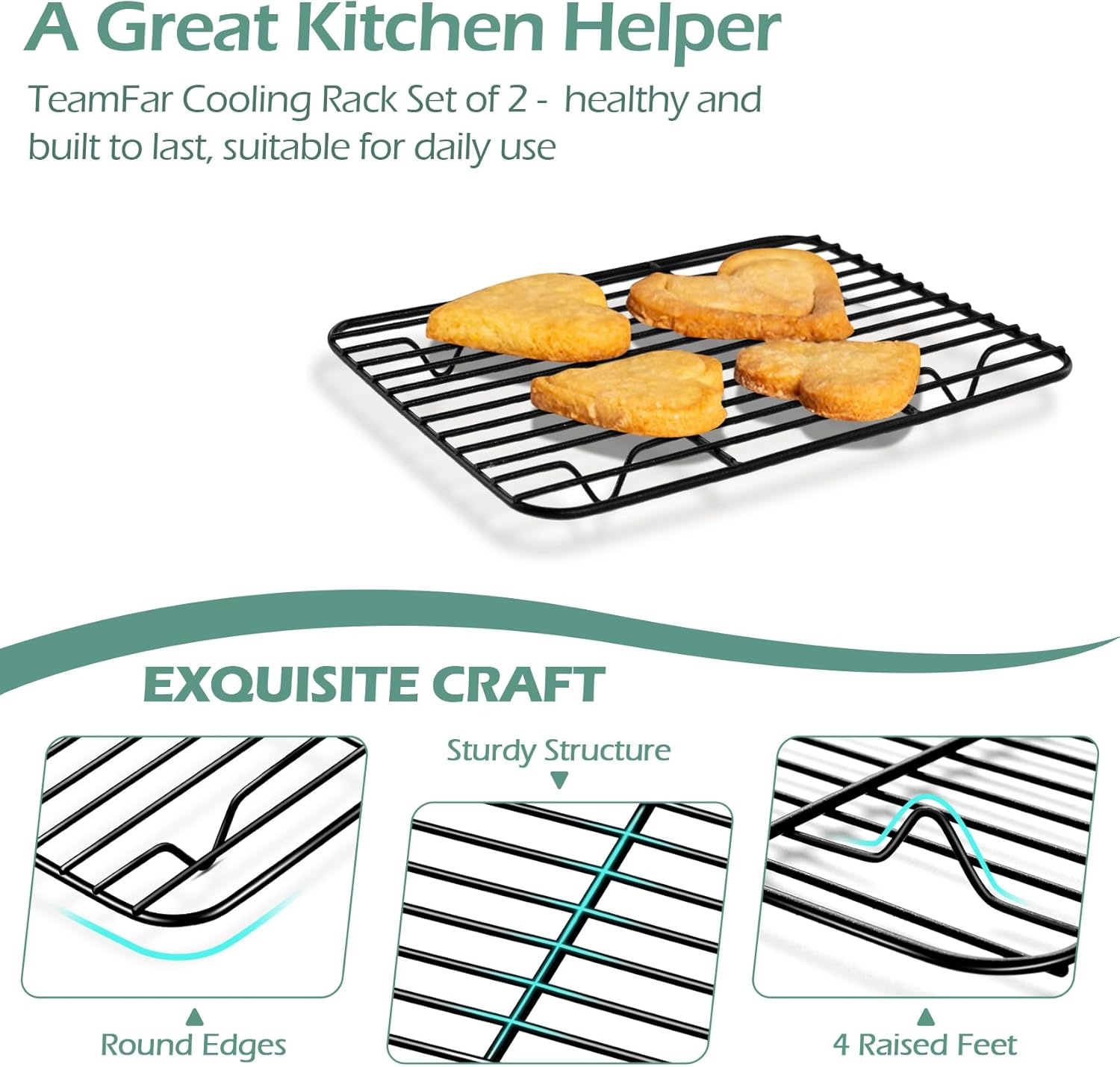 image:imageTeamFar Small Cooling Rack Set of 2 875 x 625 Coated Stainless Steel Wire Rack Baking Racks for Cooking Grilling Cooling with Nonstick Coating Healthy amp Sturdy Oven safe amp Easy Clean875 x 625 x 06