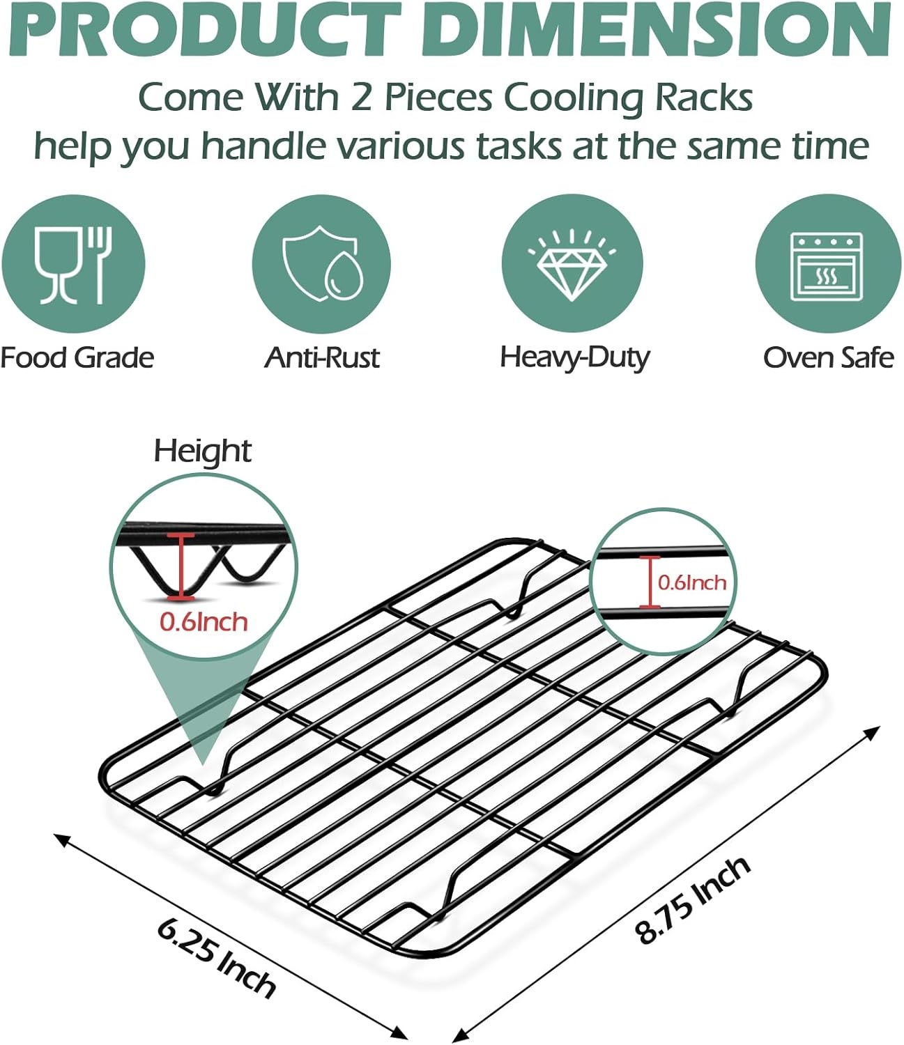 image:imageTeamFar Small Cooling Rack Set of 2 875 x 625 Coated Stainless Steel Wire Rack Baking Racks for Cooking Grilling Cooling with Nonstick Coating Healthy amp Sturdy Oven safe amp Easy Clean875 x 625 x 06