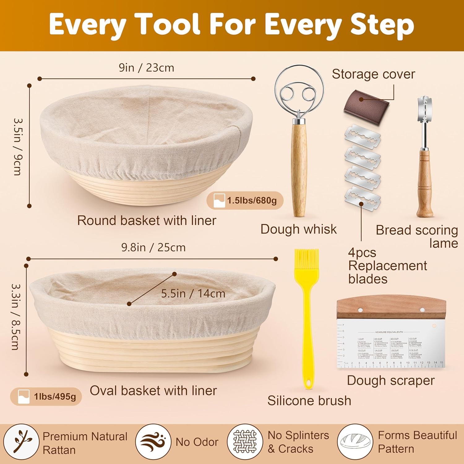 image:imageTeamFar Sourdough Bread Baking Supplies 9 Round amp 10 Oval Bread Proofing Basket Set with Liner Sourdough Starter Kit for Bread Making Bread LameWhiskDough ScraperBasting Brush