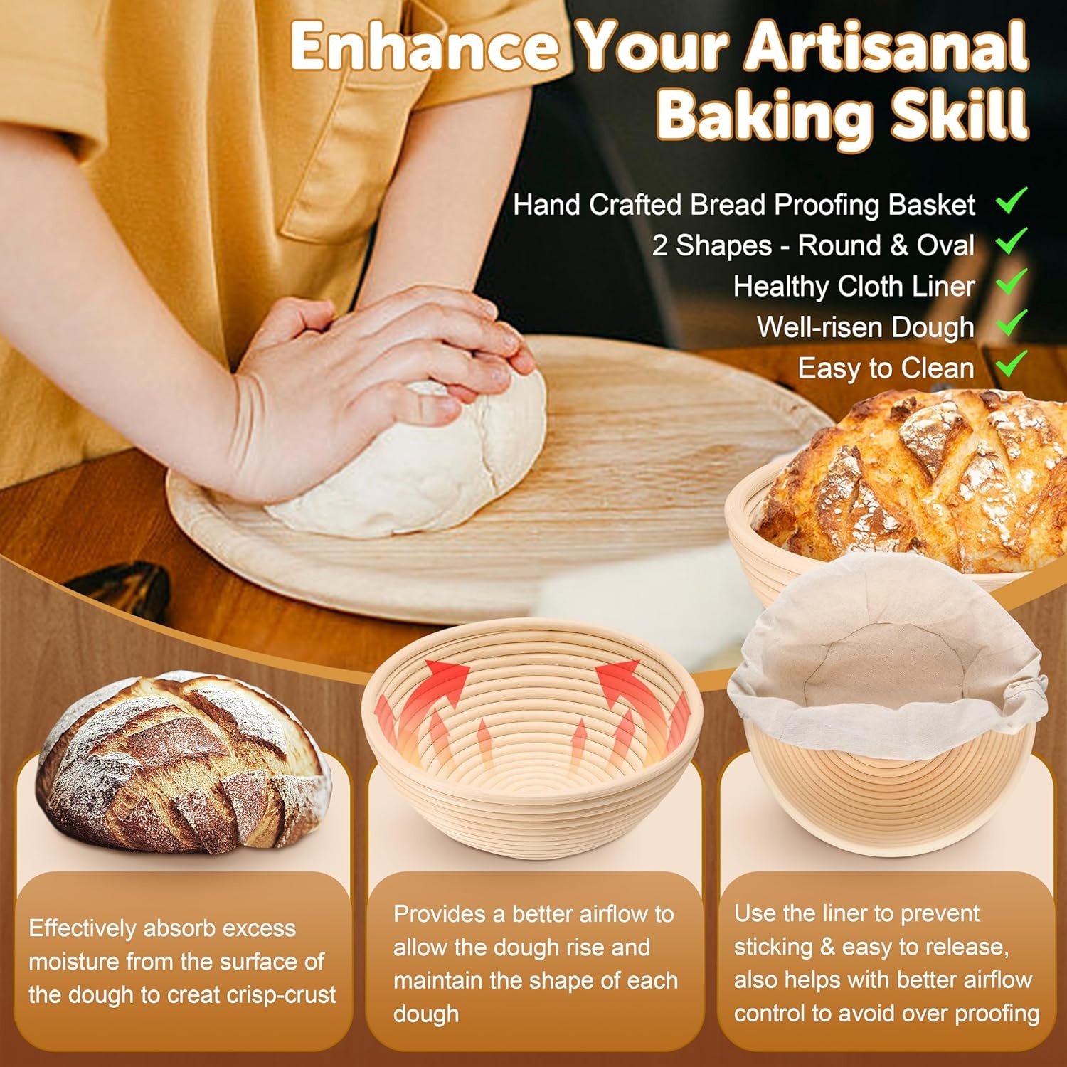 image:imageTeamFar Sourdough Bread Baking Supplies 9 Round amp 10 Oval Bread Proofing Basket Set with Liner Sourdough Starter Kit for Bread Making Bread LameWhiskDough ScraperBasting Brush