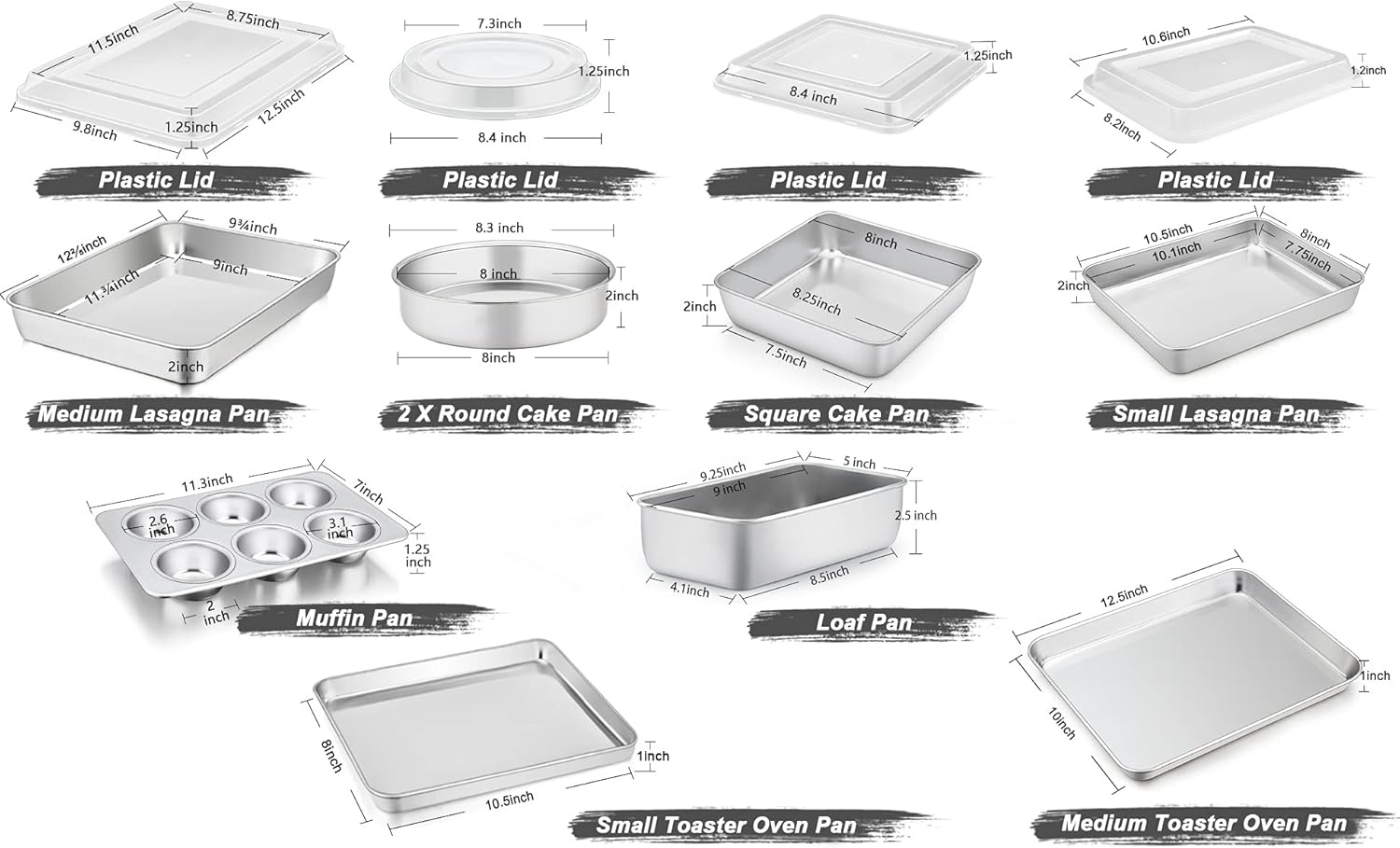 image:imageTeamFar Stainless Steel Bakeware Set 13Piece Metal Baking Roasting Pans with Lid RectangularSquareRoundLasagnaLoafMuffin Cake Pans NonToxic amp Sturdy Smooth amp Dishwasher Safe