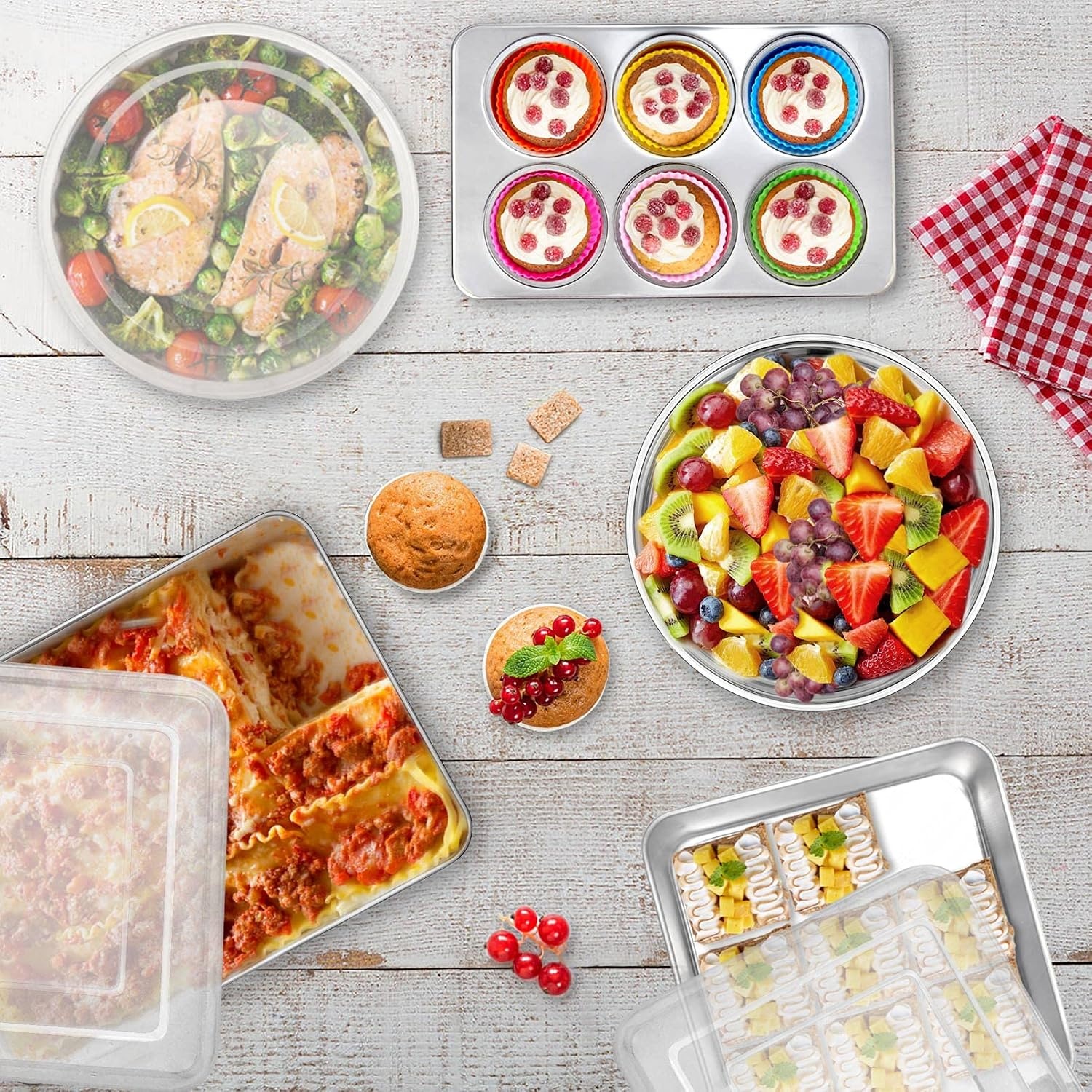image:imageTeamFar Stainless Steel Bakeware Set 13Piece Metal Baking Roasting Pans with Lid RectangularSquareRoundLasagnaLoafMuffin Cake Pans NonToxic amp Sturdy Smooth amp Dishwasher Safe