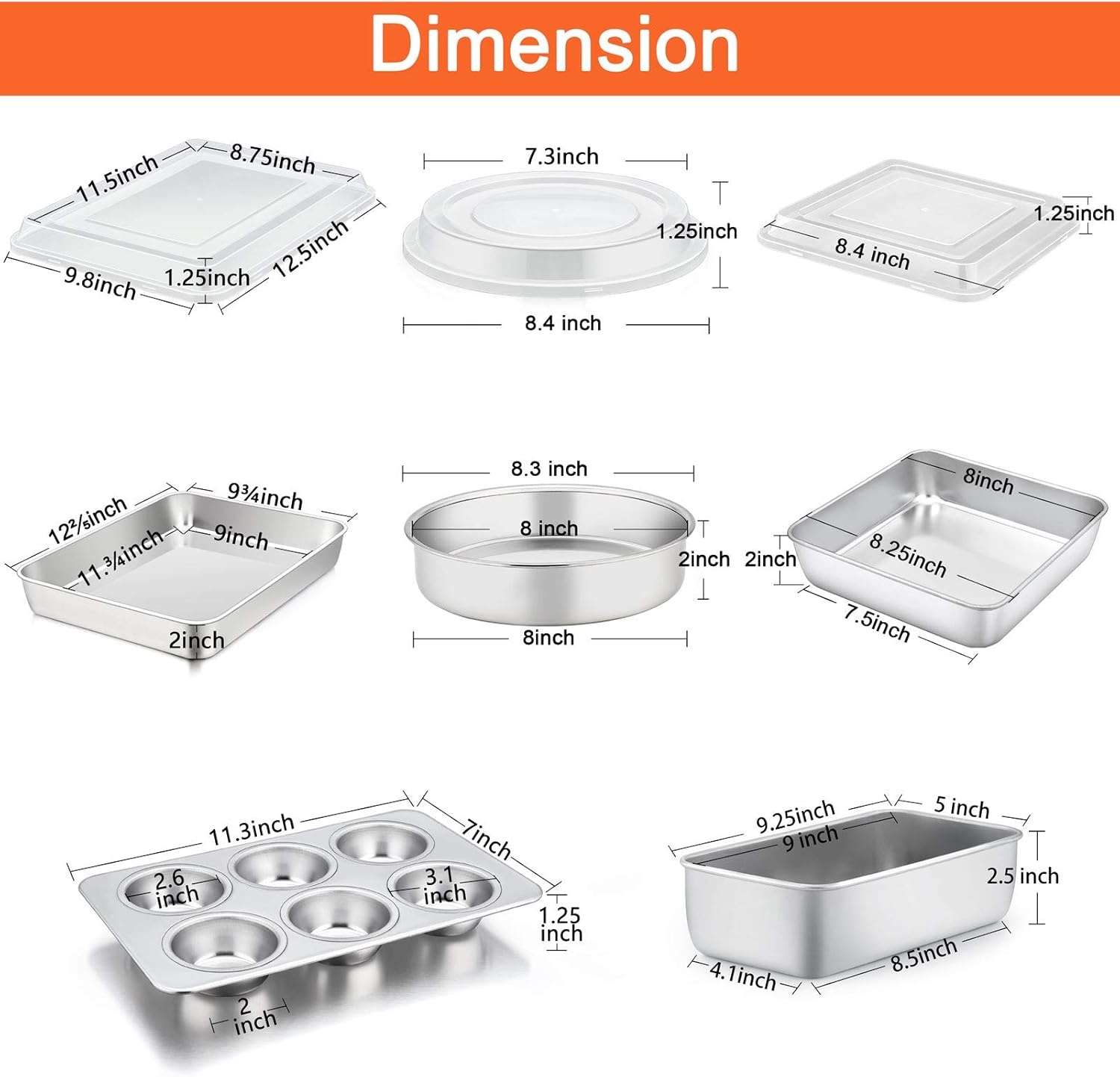 image:imageTeamFar Stainless Steel Bakeware Set of 8 Baking Roasting Pan Set with Lid Lasagna Pan with lid Square amp Round Cake Pan Loaf Pan amp Muffin Pan Healthy amp Sturdy Dishwasher Safe amp Smooth