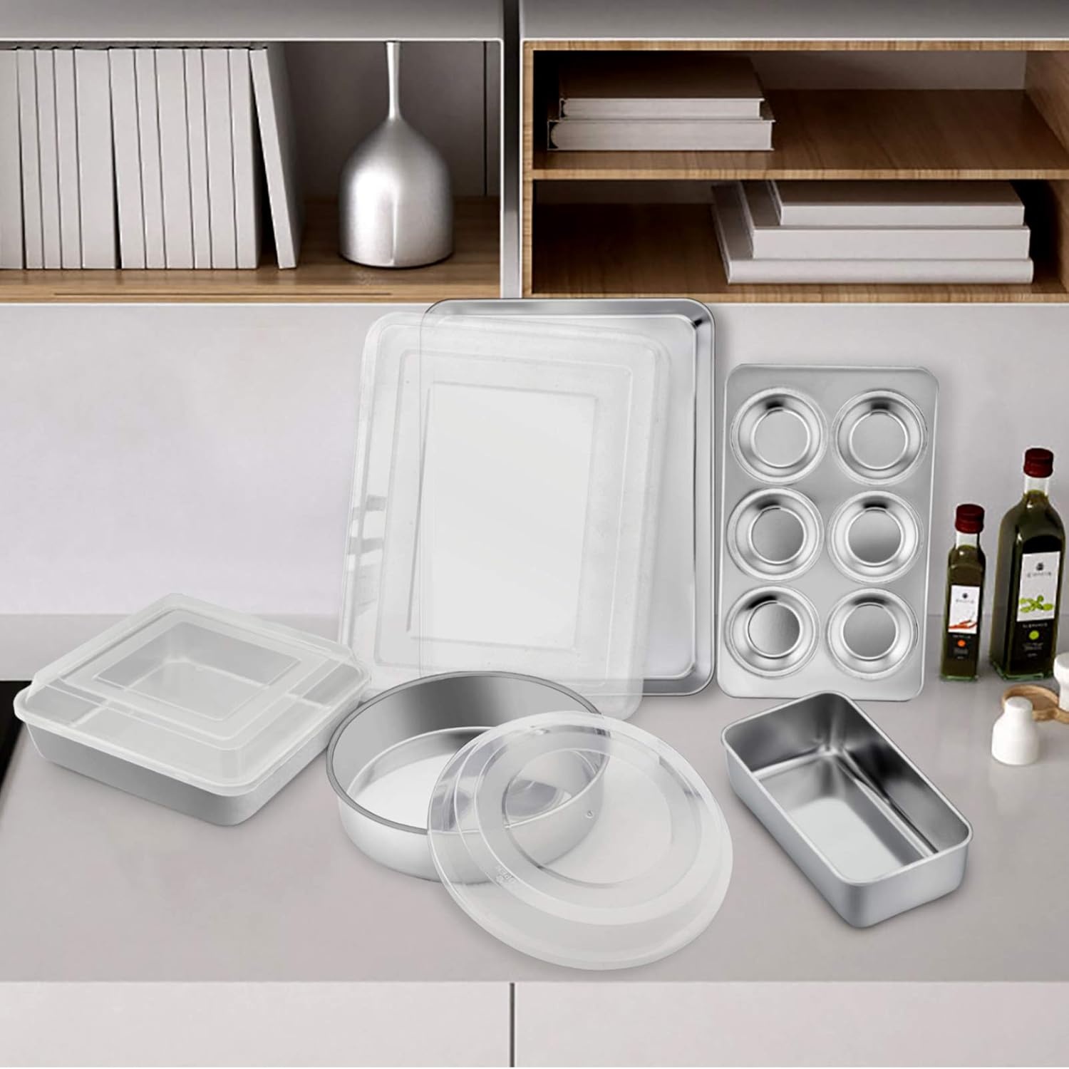 image:imageTeamFar Stainless Steel Bakeware Set of 8 Baking Roasting Pan Set with Lid Lasagna Pan with lid Square amp Round Cake Pan Loaf Pan amp Muffin Pan Healthy amp Sturdy Dishwasher Safe amp Smooth