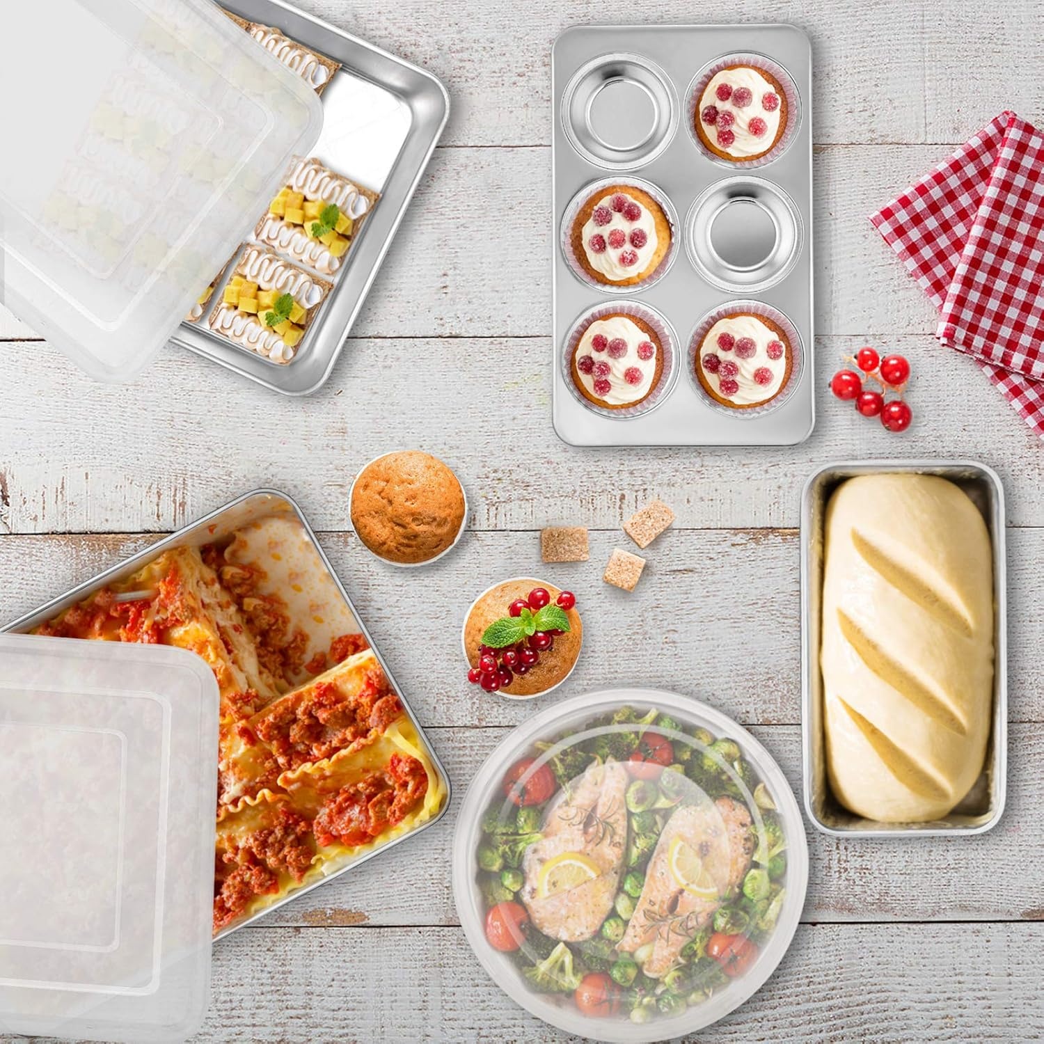 image:imageTeamFar Stainless Steel Bakeware Set of 8 Baking Roasting Pan Set with Lid Lasagna Pan with lid Square amp Round Cake Pan Loaf Pan amp Muffin Pan Healthy amp Sturdy Dishwasher Safe amp Smooth