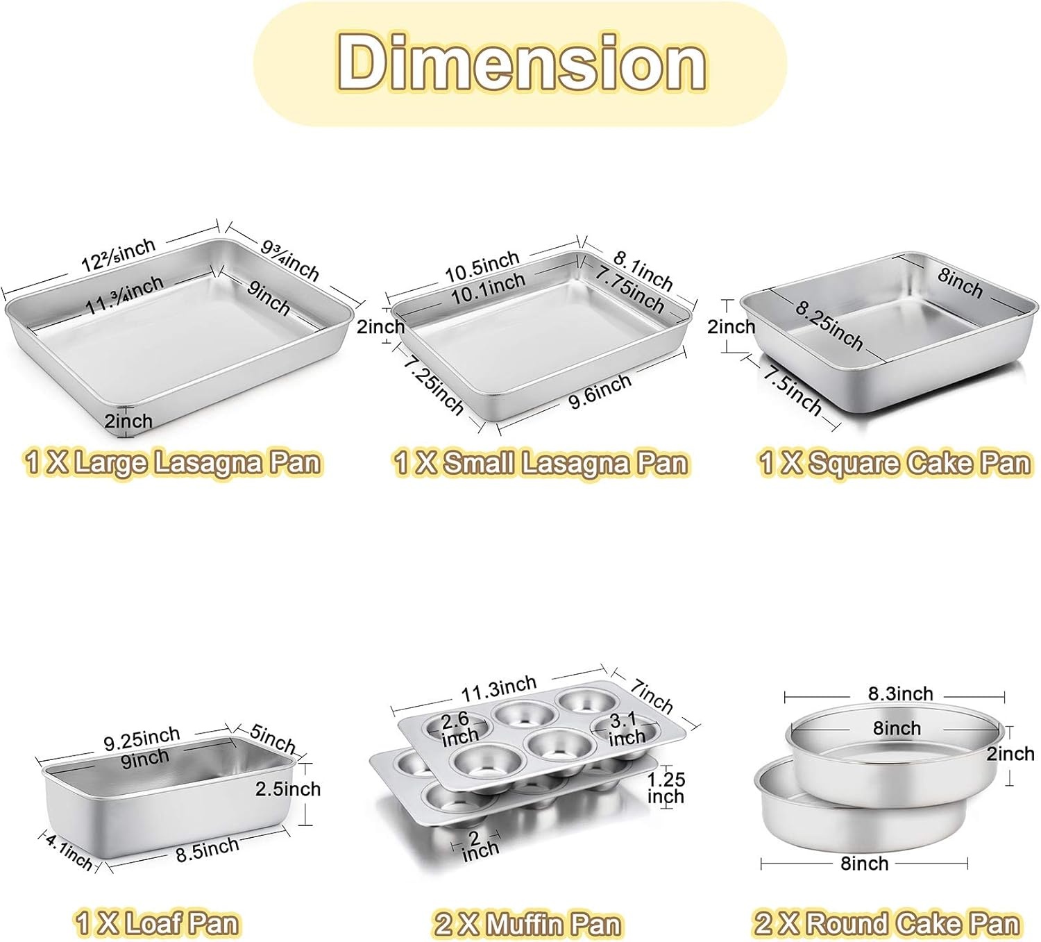image:imageTeamFar Stainless Steel Bakeware Set of 8 Baking Roasting Toaster Oven Pans LasagnaSquareRound Cake Pan Loaf Pan amp Muffin Pan NonToxic amp Sturdy Smooth amp Dishwasher Safe8