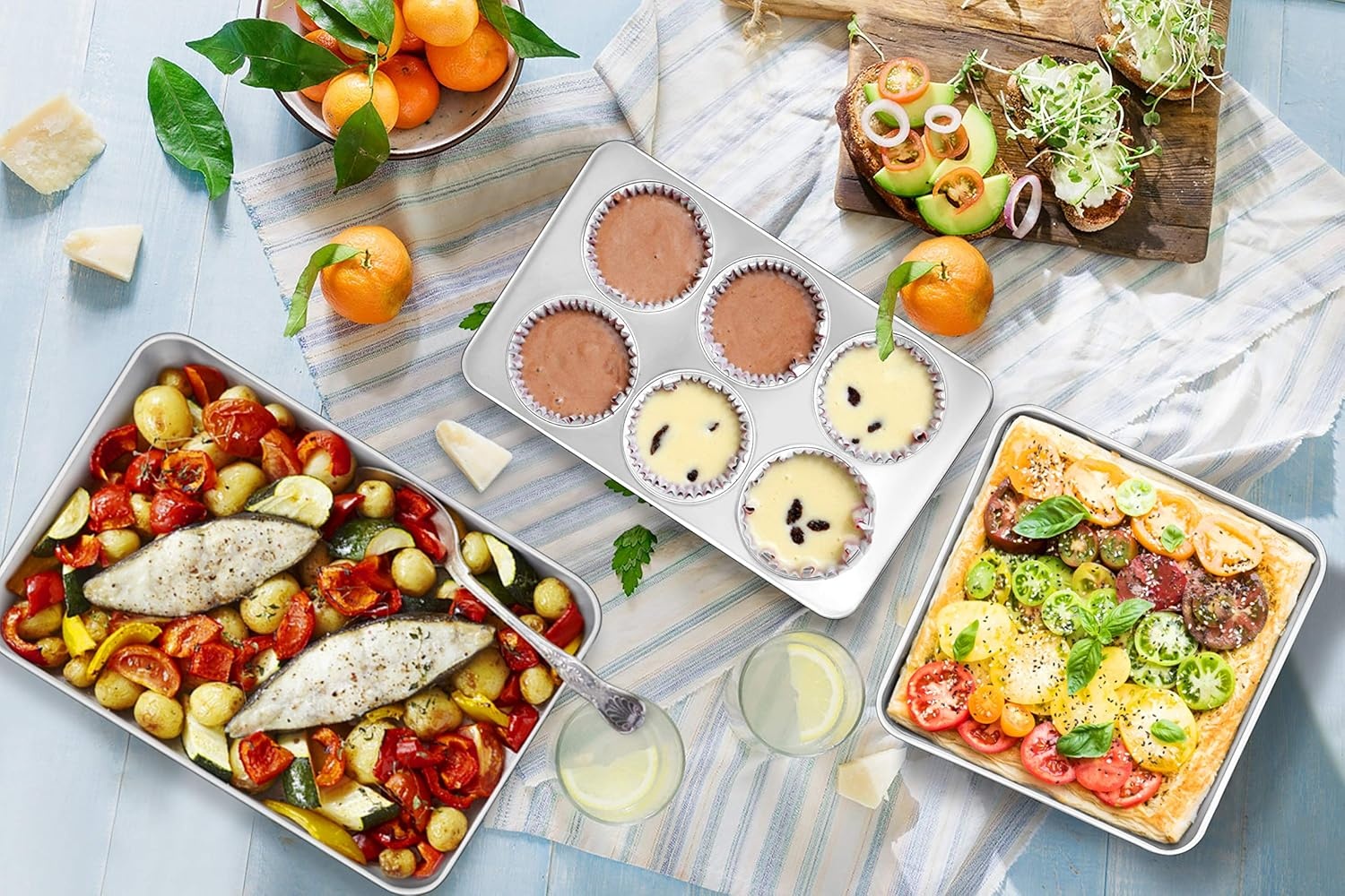 image:imageTeamFar Stainless Steel Bakeware Set of 8 Baking Roasting Toaster Oven Pans LasagnaSquareRound Cake Pan Loaf Pan amp Muffin Pan NonToxic amp Sturdy Smooth amp Dishwasher Safe8