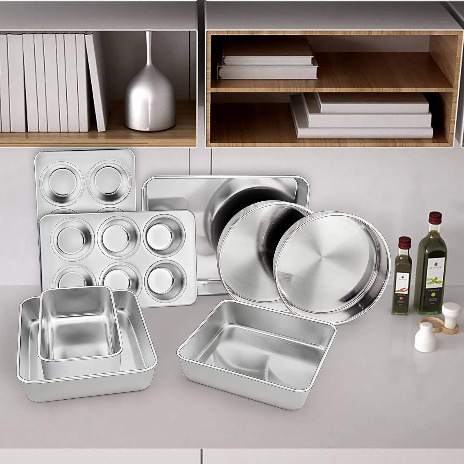 image:imageTeamFar Stainless Steel Bakeware Set of 8 Baking Roasting Toaster Oven Pans LasagnaSquareRound Cake Pan Loaf Pan amp Muffin Pan NonToxic amp Sturdy Smooth amp Dishwasher Safe8