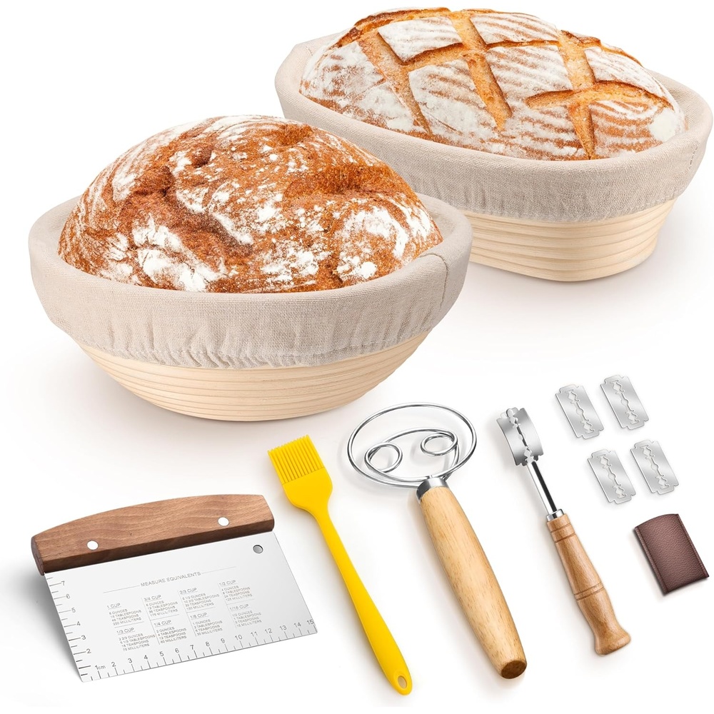 image:imageTeamFar Sourdough Bread Baking Supplies 9 Round amp 10 Oval Bread Proofing Basket Set with Liner Sourdough Starter Kit for Bread Making Bread LameWhiskDough ScraperBasting Brush