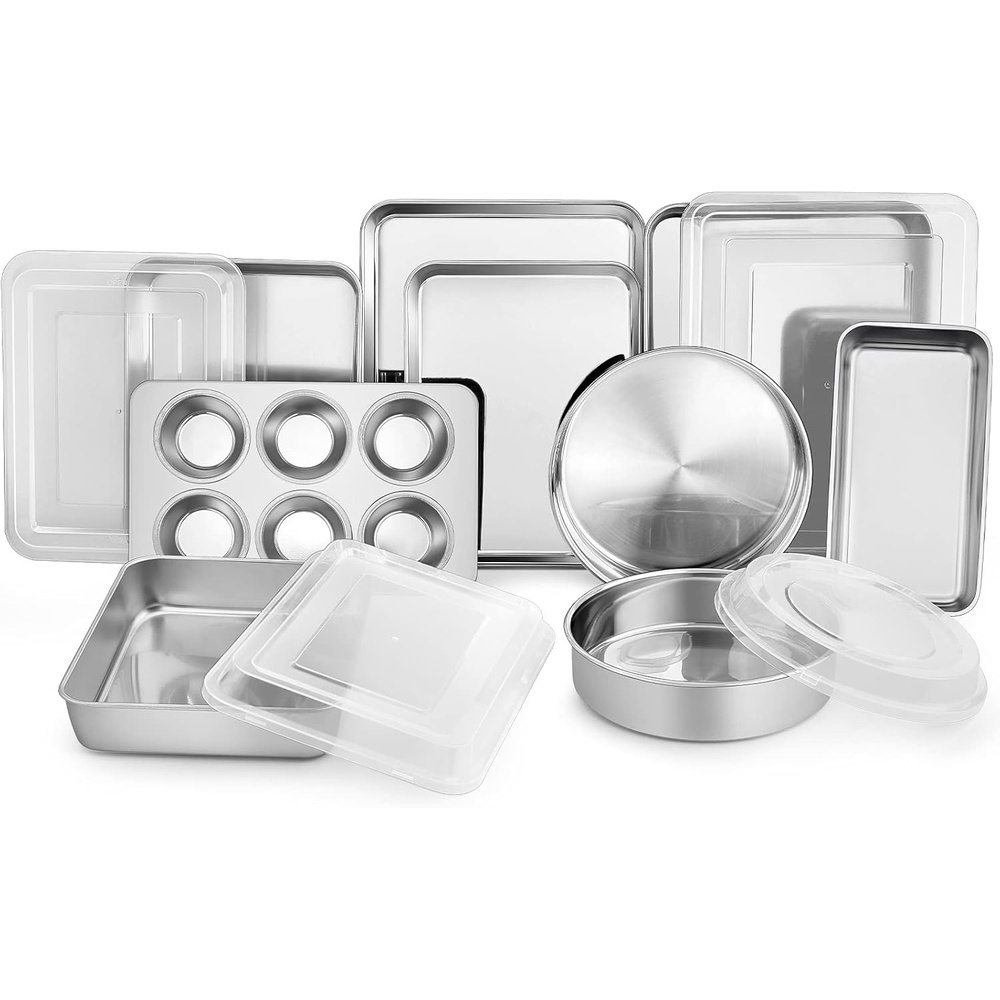 image:imageTeamFar Stainless Steel Bakeware Set 13Piece Metal Baking Roasting Pans with Lid RectangularSquareRoundLasagnaLoafMuffin Cake Pans NonToxic amp Sturdy Smooth amp Dishwasher Safe
