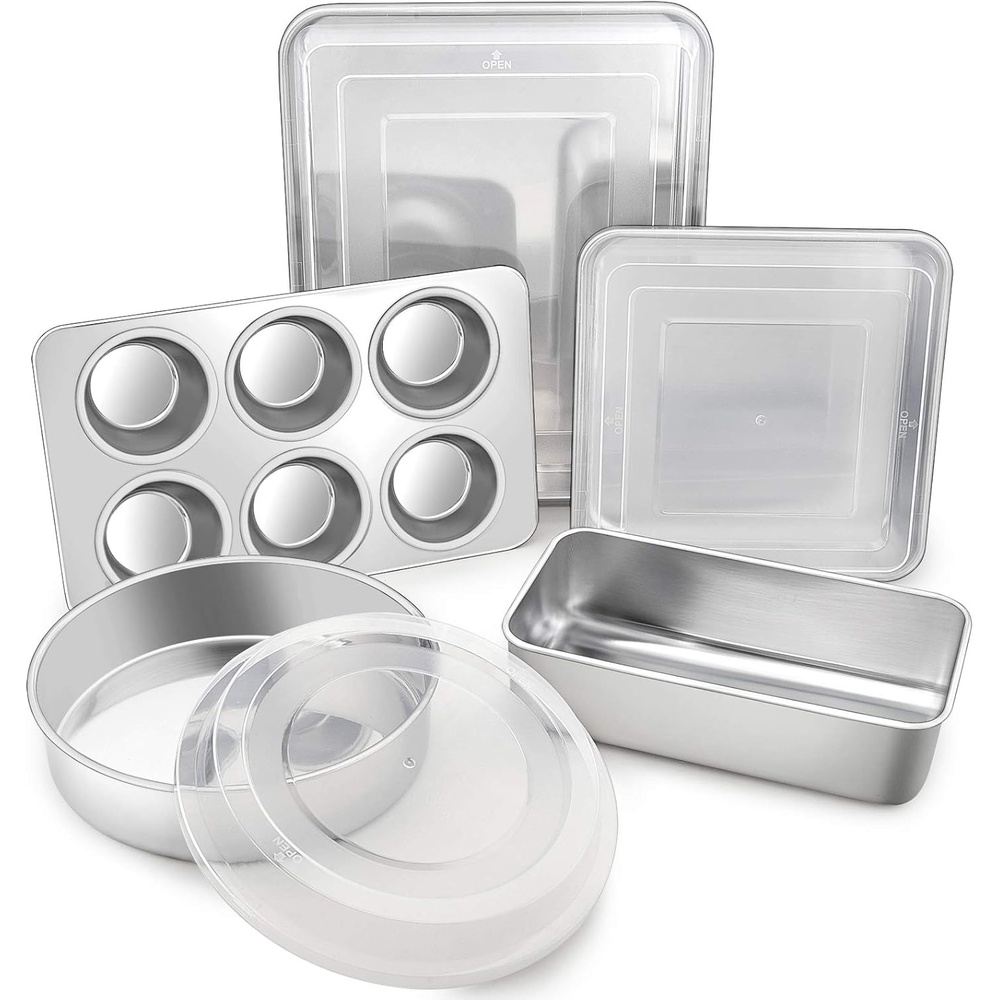 image:imageTeamFar Stainless Steel Bakeware Set of 8 Baking Roasting Pan Set with Lid Lasagna Pan with lid Square amp Round Cake Pan Loaf Pan amp Muffin Pan Healthy amp Sturdy Dishwasher Safe amp Smooth