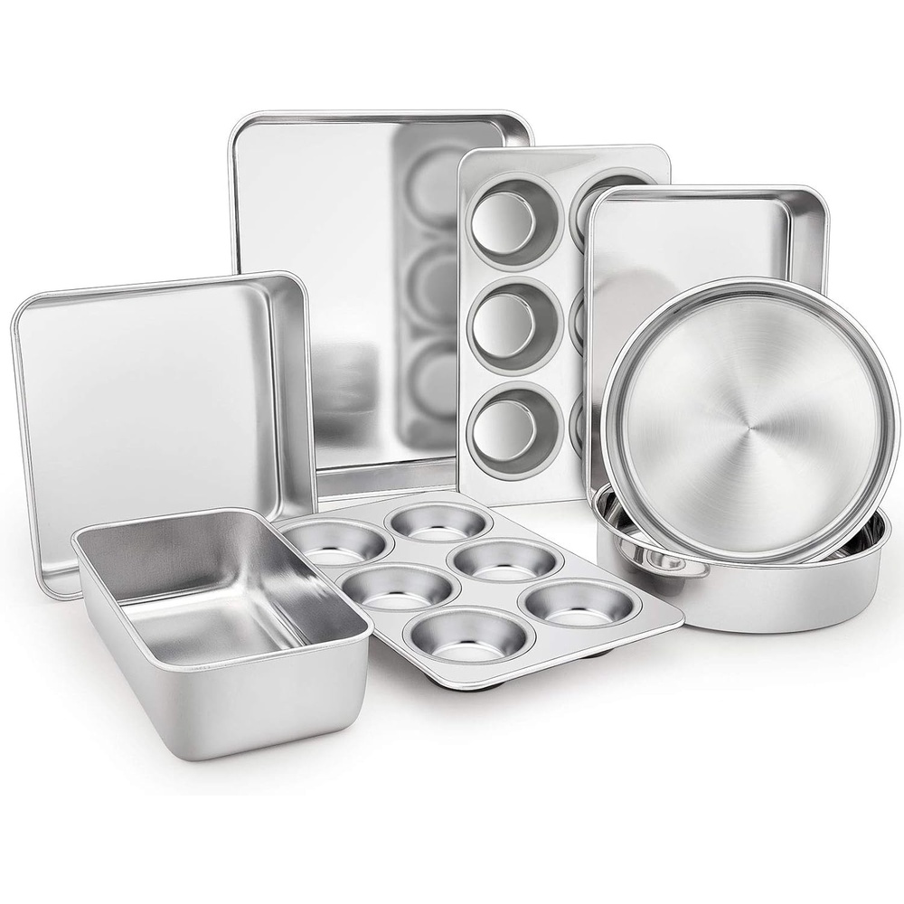 image:imageTeamFar Stainless Steel Bakeware Set of 8 Baking Roasting Toaster Oven Pans LasagnaSquareRound Cake Pan Loaf Pan amp Muffin Pan NonToxic amp Sturdy Smooth amp Dishwasher Safe8