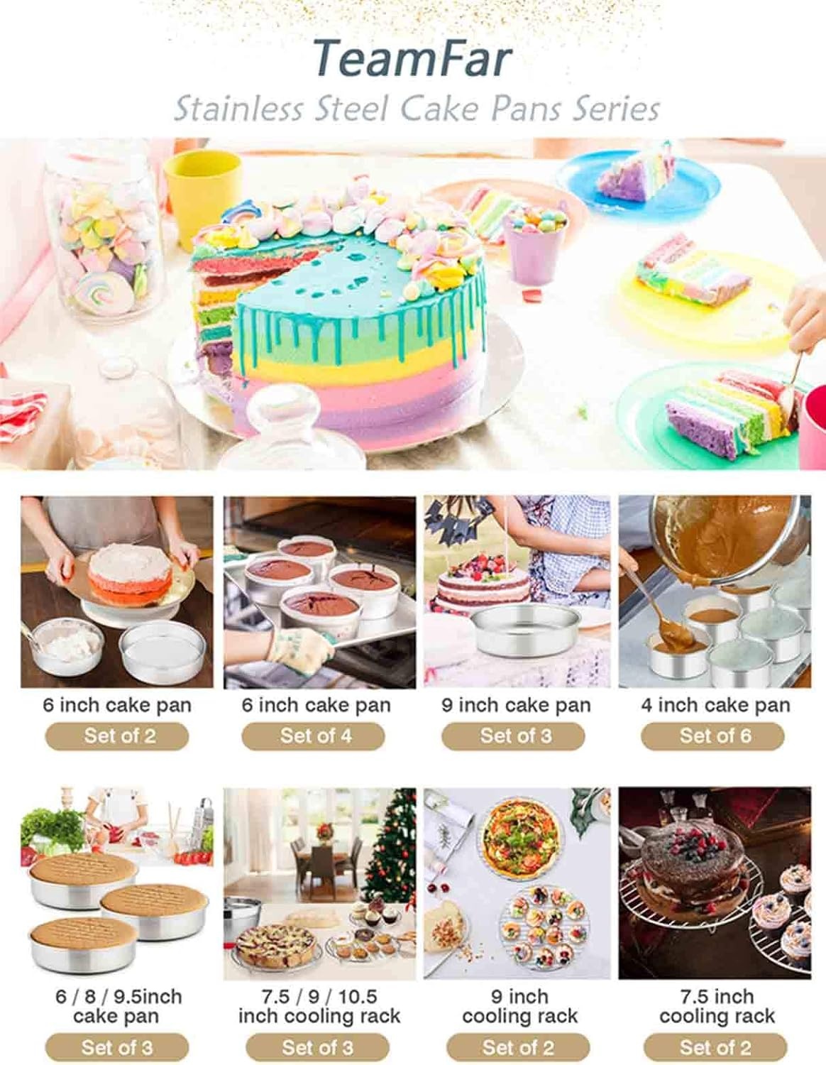 image:imageTeamFar 4 Inch Cake Pan Set of 4 Stainless Steel Mini Round Layer Cake Baking Pans Tins Set For Baking Steaming Serving Healthy amp Sturdy Mirror Finish amp Dishwasher Safe8inch