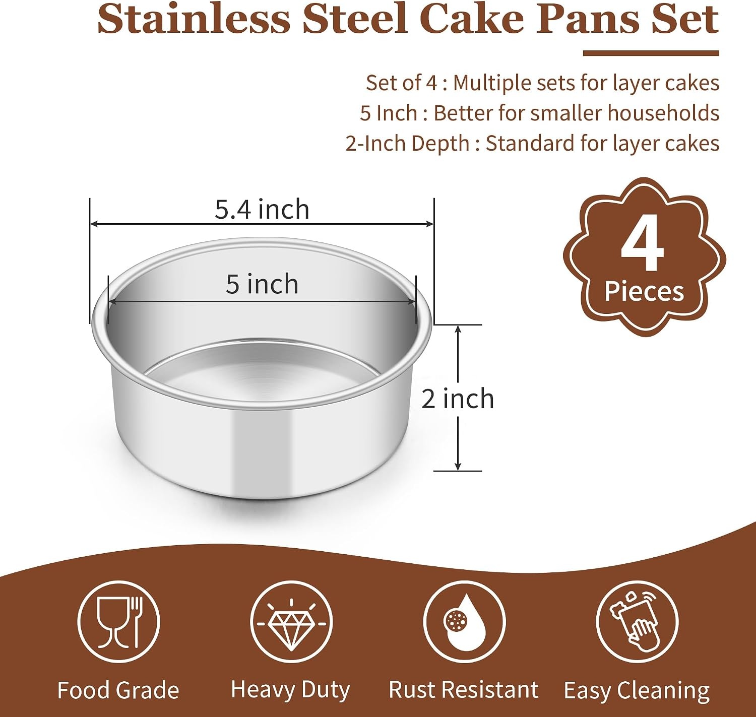 image:imageTeamFar 4 Inch Cake Pan Set of 4 Stainless Steel Mini Round Layer Cake Baking Pans Tins Set For Baking Steaming Serving Healthy amp Sturdy Mirror Finish amp Dishwasher Safe5inch