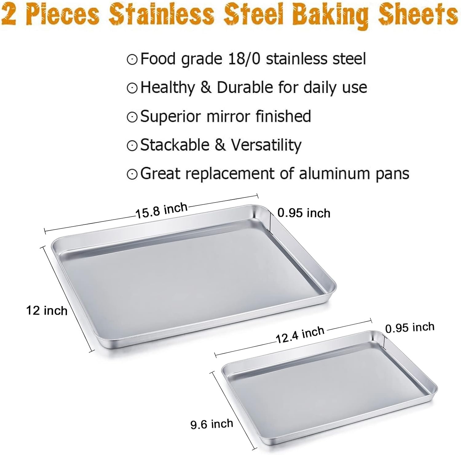 image:imageTeamFar Baking Sheet Cookie Sheet Set of 2 Pure Stainless Steel Baking Pan Tray Professional Non Toxic amp Healthy Mirror Finish amp Rust Free Easy Clean amp Dishwasher Safe