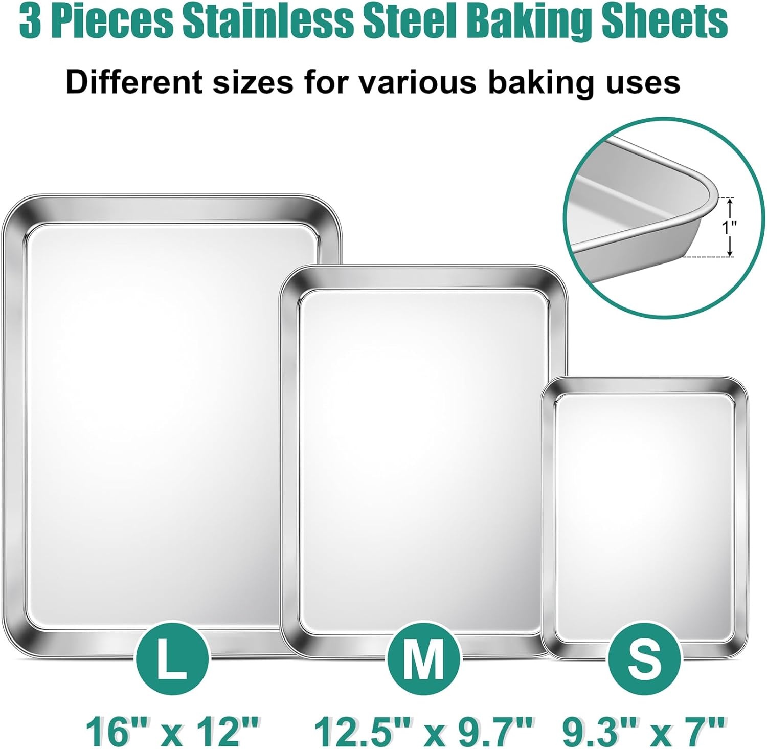 image:imageTeamFar Baking Sheet Set of 3 1612593 Inch Stainless Steel Cookie Sheets Baking Pans Metal Oven Baking Tray for Cooking Roasting Serving NonToxic amp Mirror Finish amp Dishwasher Safe16 125 93