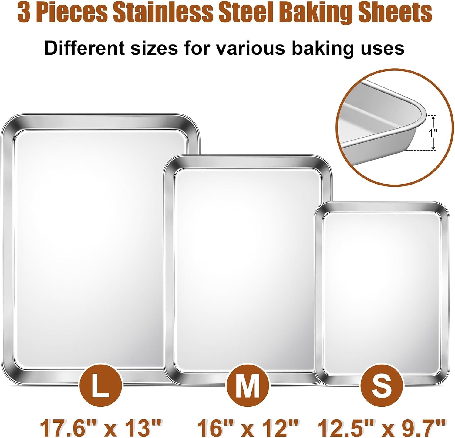 image:imageTeamFar Baking Sheet Set of 3 1612593 Inch Stainless Steel Cookie Sheets Baking Pans Metal Oven Baking Tray for Cooking Roasting Serving NonToxic amp Mirror Finish amp Dishwasher Safe176 16 125
