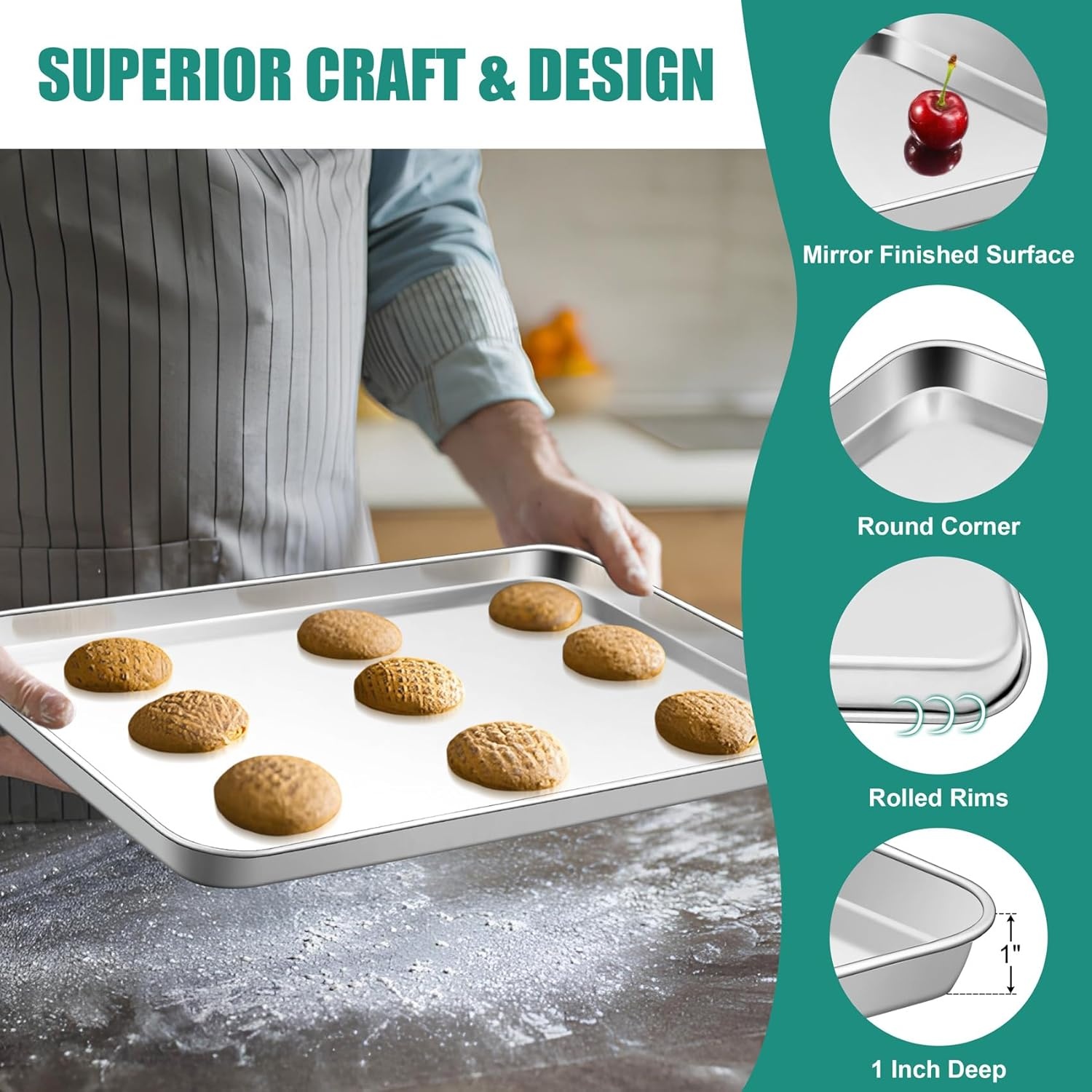 image:imageTeamFar Baking Sheet Set of 3 1612593 Inch Stainless Steel Cookie Sheets Baking Pans Metal Oven Baking Tray for Cooking Roasting Serving NonToxic amp Mirror Finish amp Dishwasher Safe16 125 93
