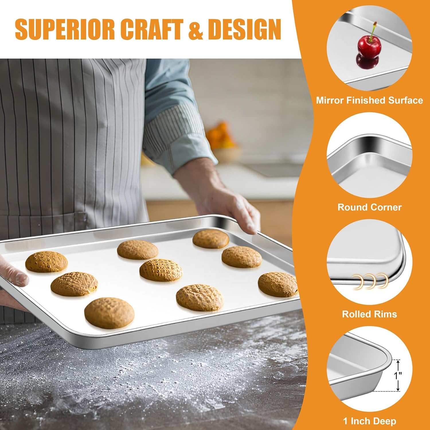 image:imageTeamFar Baking Sheet Set of 3 1612593 Inch Stainless Steel Cookie Sheets Baking Pans Metal Oven Baking Tray for Cooking Roasting Serving NonToxic amp Mirror Finish amp Dishwasher Safe16 125 105